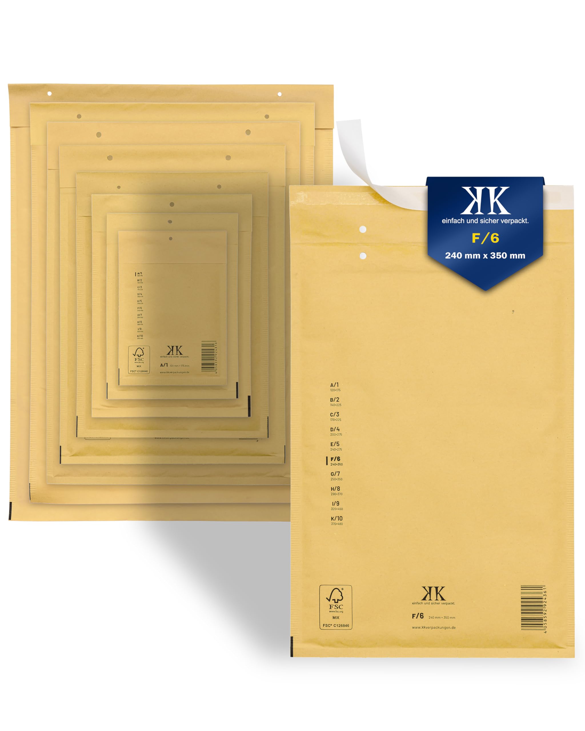 KK Verpackungen 300x Luftpolster-Versandtaschen F6 F/6 240 x 350 mm (Außenmaß) in Braun | Luftpolsterumschläge Luftpolstertaschen selbstklebend für DIN A4+