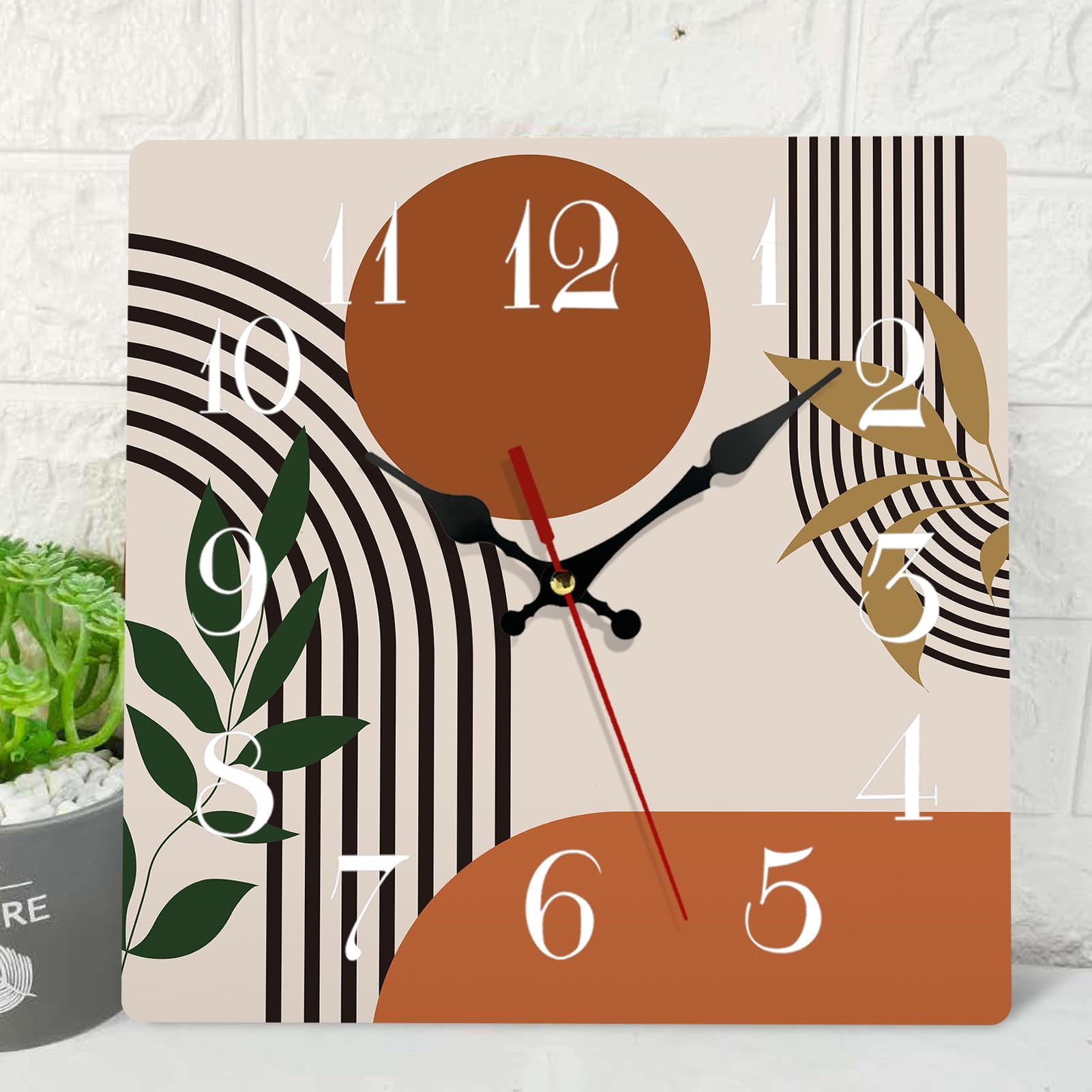 ArtSocket Wooden Wall Clock Silent Non-Ticking, Boho Mid Century Sun Leaves Modern Orange Square Rustic Wall Clocks Decor for Home Kitchen Living Room Office, Battery Operated(12 Inch)