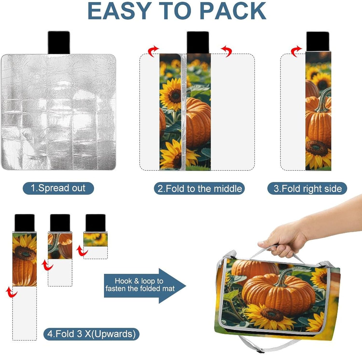 Outdoor Picnic Blanket Extra Large Beach Blanket Waterproof Picnic Mat Fall Pumpkin Sunflower Camping Blanket Portable with Carry Strap Park Blanket for Grass Camping Park