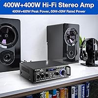 Vista 3 de Amplificador de audio estéreo 298Pro, máximo 400 W, amplificador de potencia inalámbrico Bluetooth 5.0 con Bluetooth 5.0, sistema de audio de cine