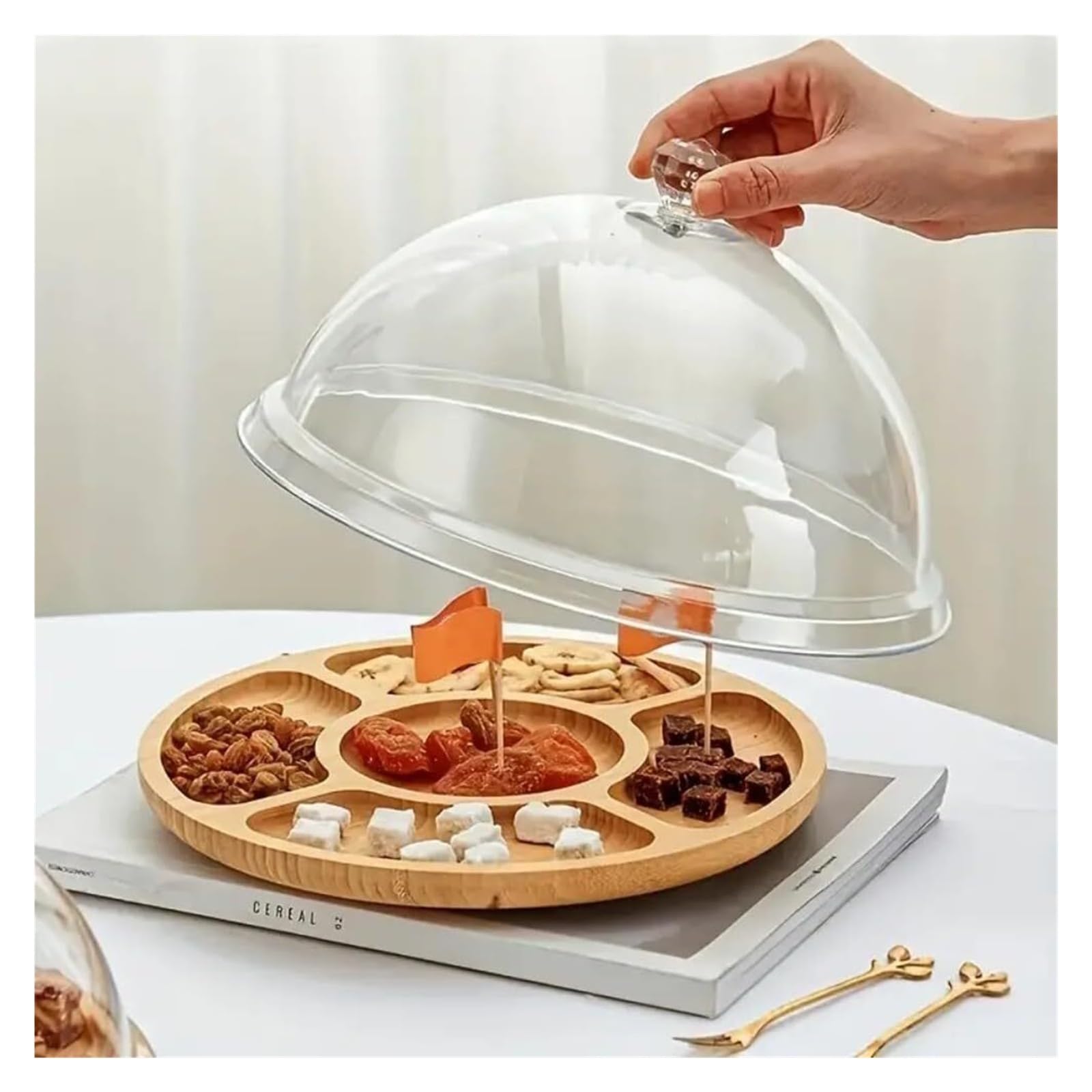 Vassoio Natalizio Vassoio da portata rotondo in bambù con 5 scomparti, ideale for snack, frutta, noci, piatto in legno con divisori for vassoi da festa(25cm)