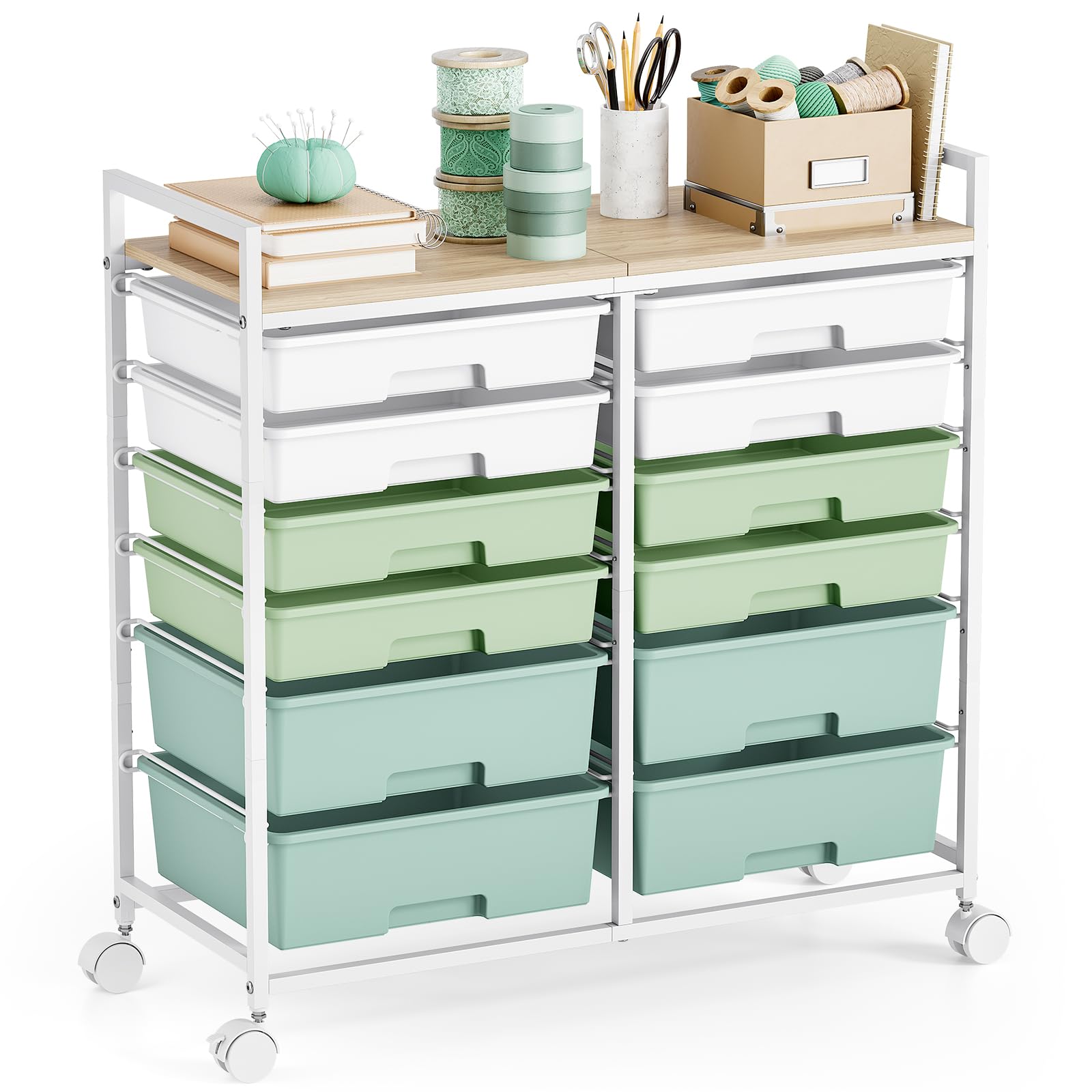 Rolling Storage Cart with 12 Drawers, Wooden Tabletop Utility Cart for Craft Storage, Art Supply Storage & Home Office Organization, Teacher Cart with Wheels for Classroom Organization, School (Green)