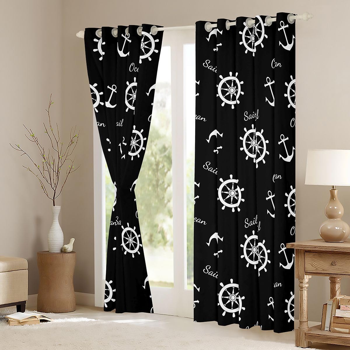 Summer Ocean Anchor Bedroom Curtains Geometric Abstract Rope Bookshelf Window Drapes for Kids Nautical Ocean Adventure Blackout Drapes Window Treatments Grommet Top 38Wx54L Inch 2 Panel Set,Black