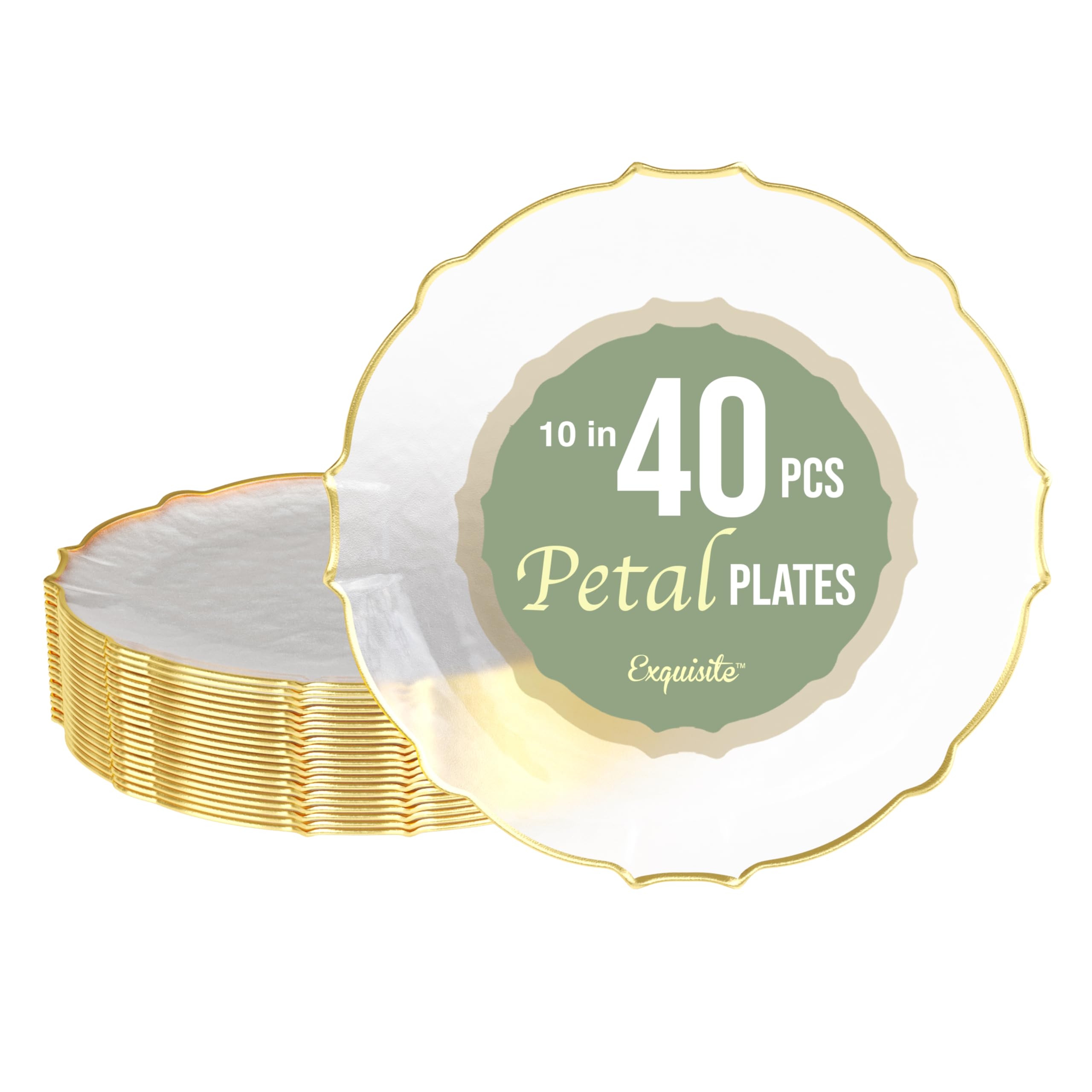 Exquisite Elegant Plastic Plates for Party - 40 x 10 Inch Dinner and Dessert Set - Thin Delicate Fancy Disposable Plates | Clear With Gold Rim