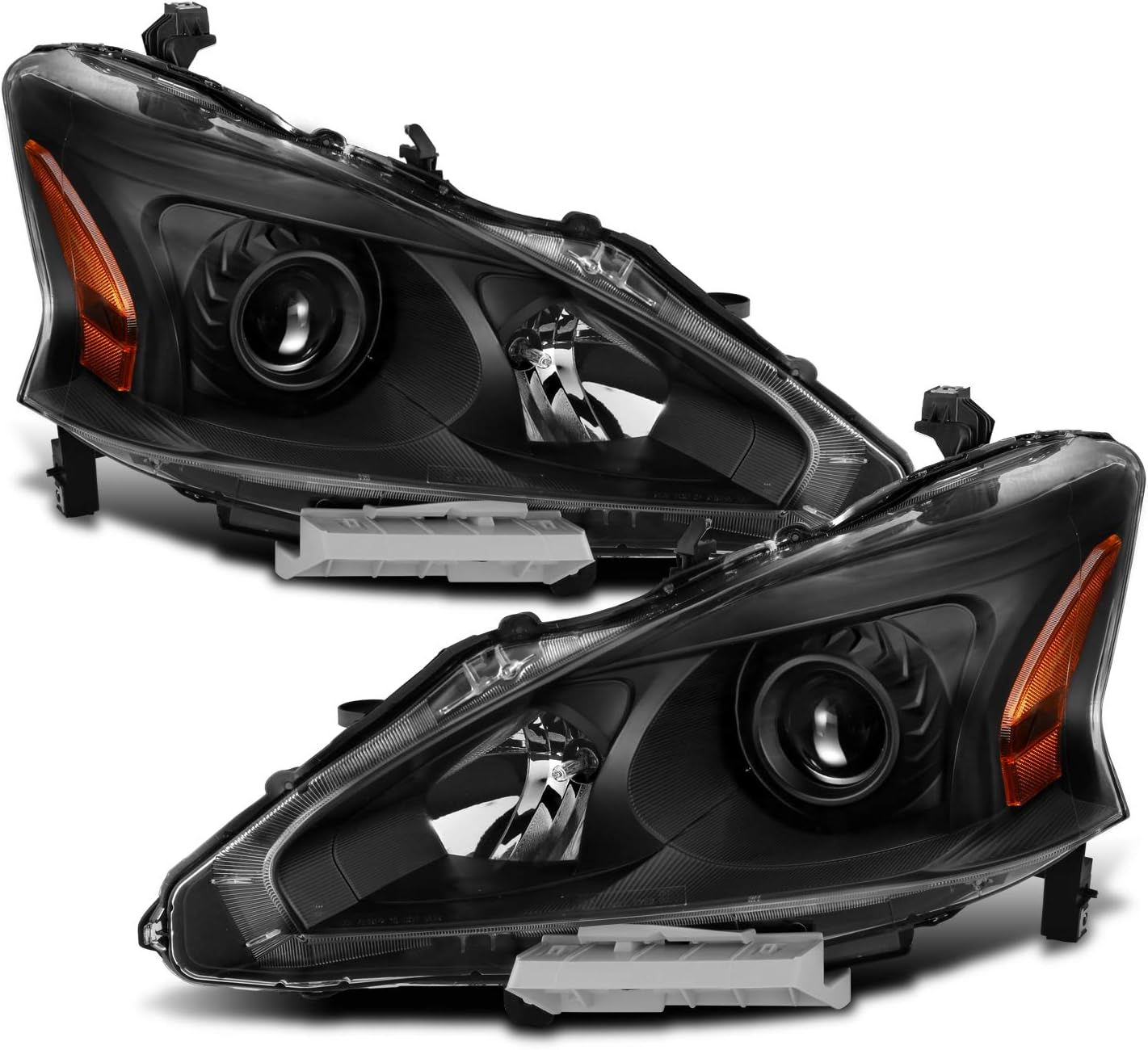 AmeriLite 2013-2015 Projector Housing Replacement Halogen Car Headlight Pair For Altima 4Dr Sedan With Bulbs - Driver and Passenger Side, Vehicle Light Assembly, Black