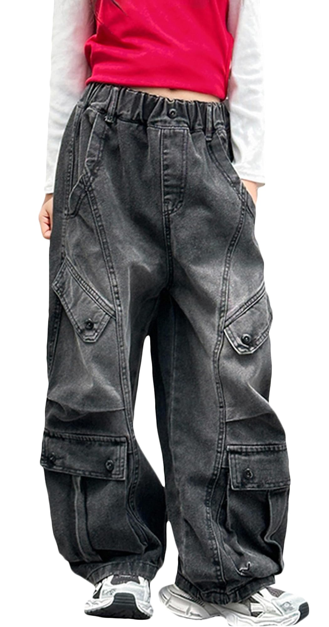 Happy Cherry Jeans Cargo Bambina Ragazze Pantaloni Larghi Denim Vintage a Vita Alta Elasticizzata con Tasche Multiple