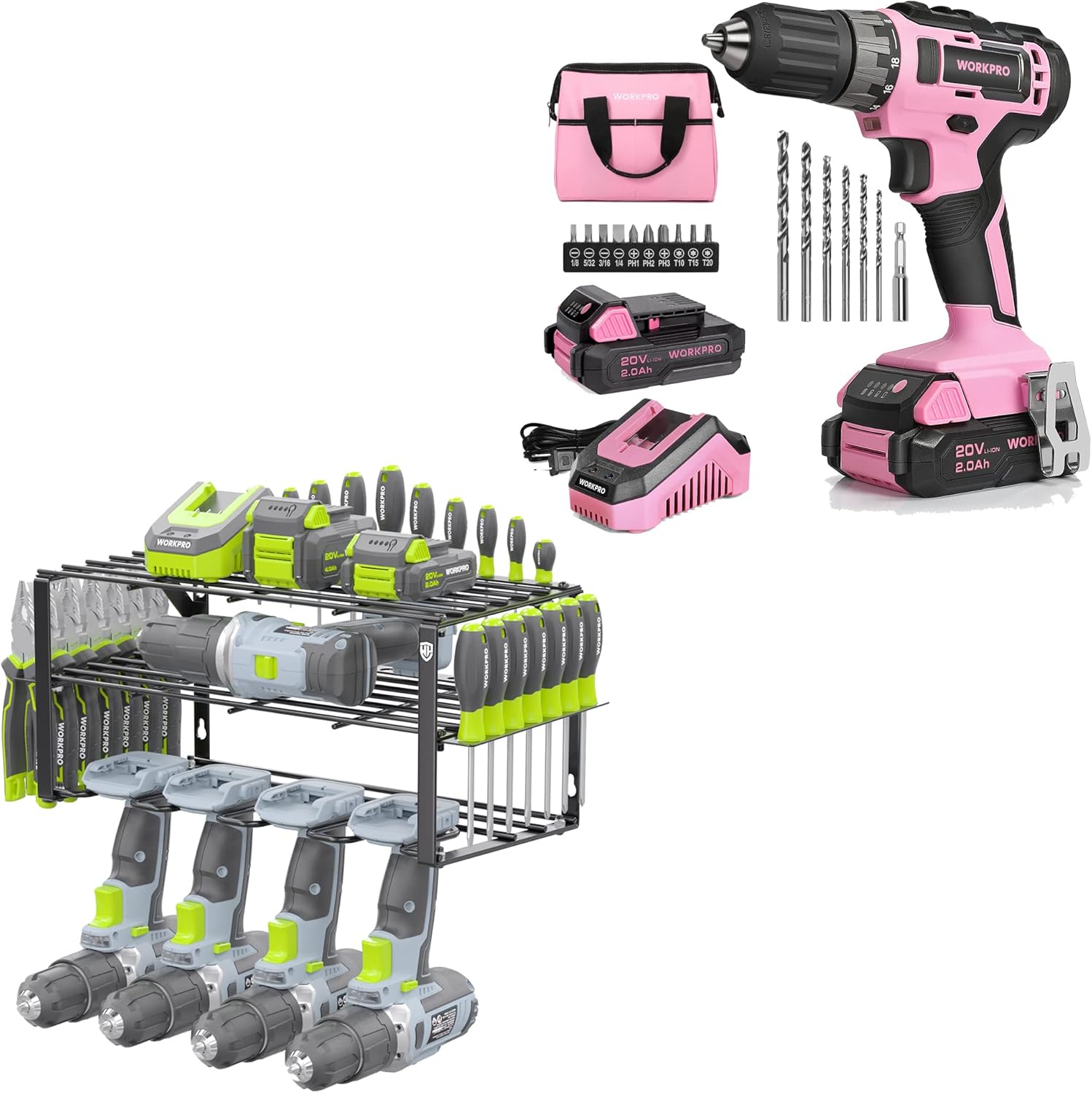 WORKPRO 20V Pink Cordless Drill Driver Set & WORKPRO Power Tool Organizer