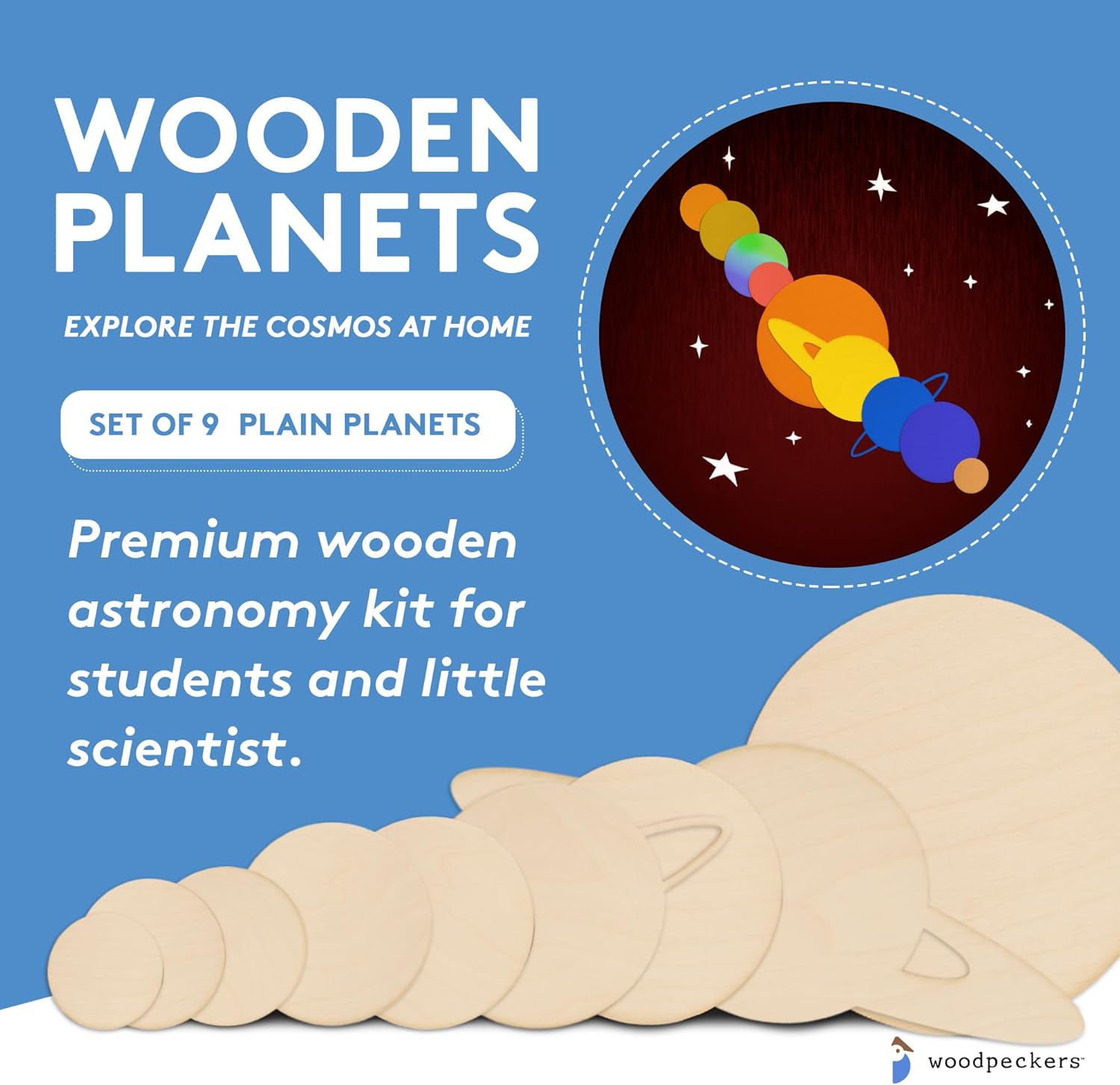 Solar System Model of Planets, DIY Wooden Crafts to Paint for Outer Space Classroom Decorations or Science Party, Pack of 1, by Woodpeckers