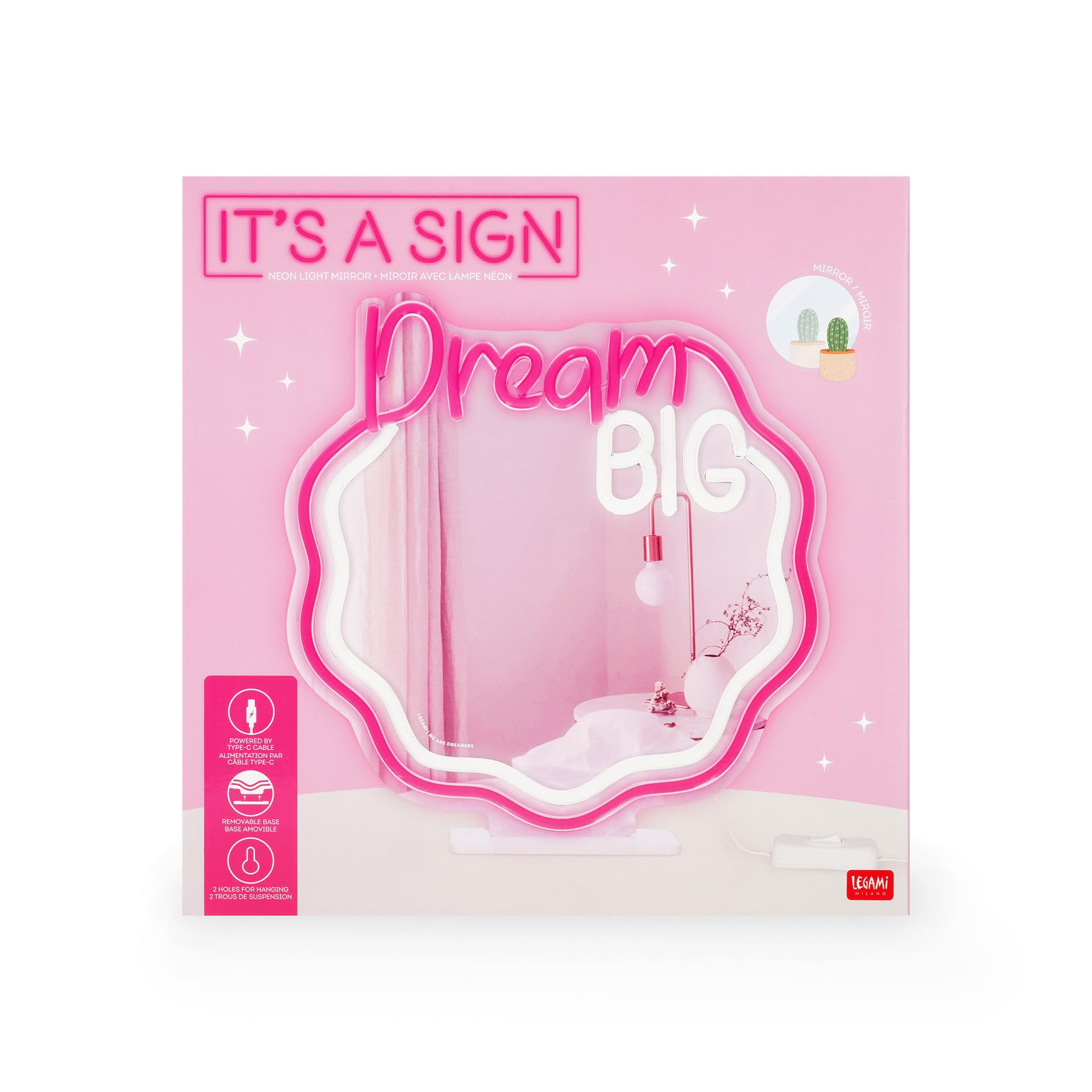 LEGAMI - Miroir avec Lumière LED Effet Néon, It's a Sign, Alimentation par Câble Type-C (Inclus), Base Amovible et Trou de Fixation pour Le Suspendre