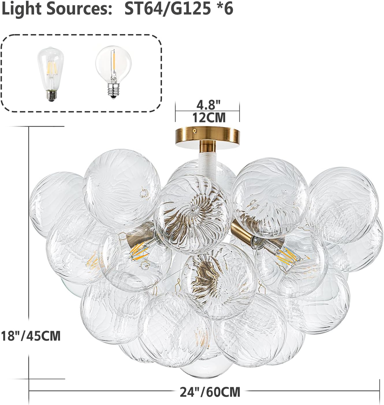 Bubble Ball Semi Flush Mount Ceiling Light Fixture, 24" Bubble Chandelier, Modern Hand Blown Glass Chandelier for Bedroom, Living Room, Dining Room​ (24“ White Ceiling Light)