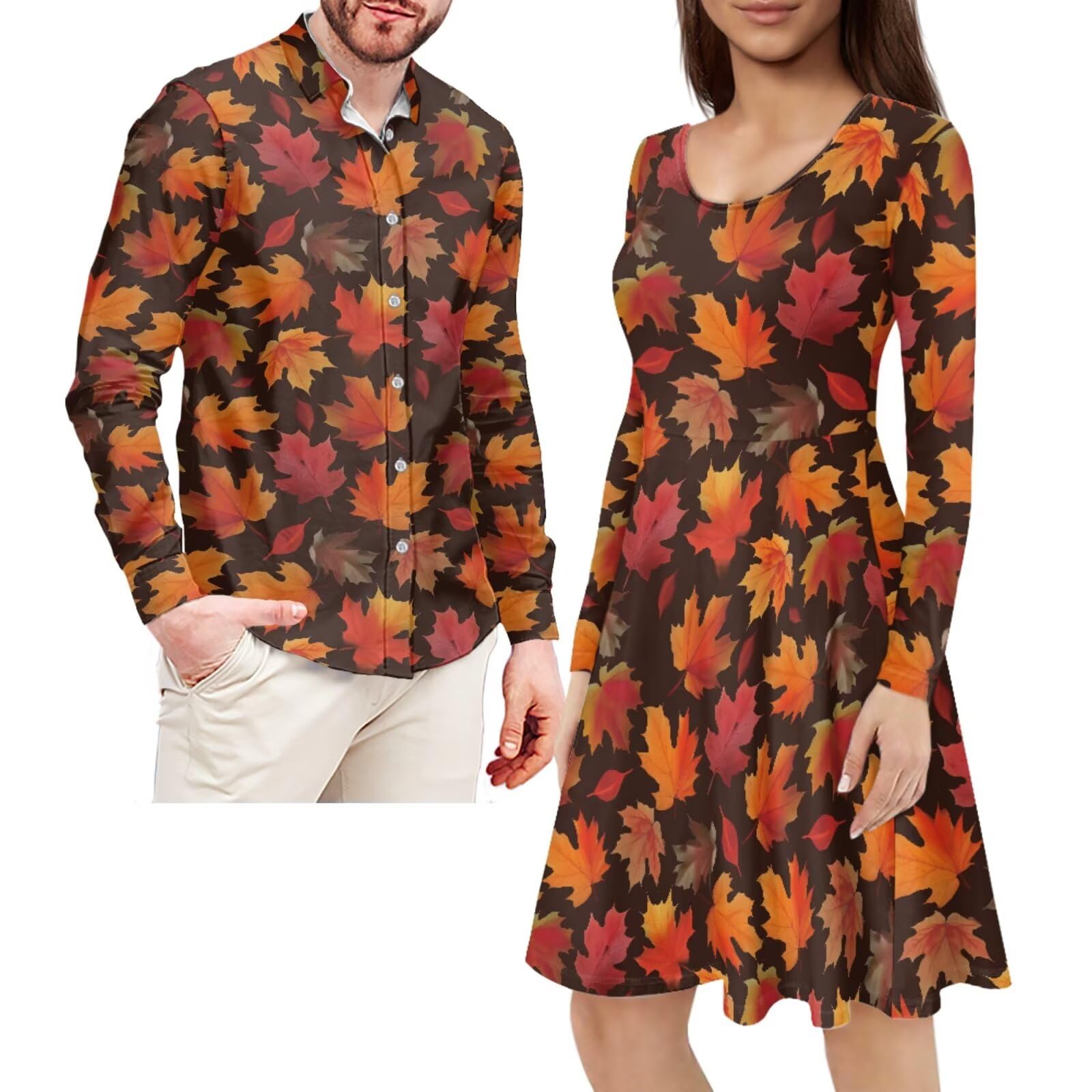 INSTANTARTS Couple Matching Outfit Mens Button Down Shirt and Womens Autumn Long Sleeve Dress Christmas Dresses