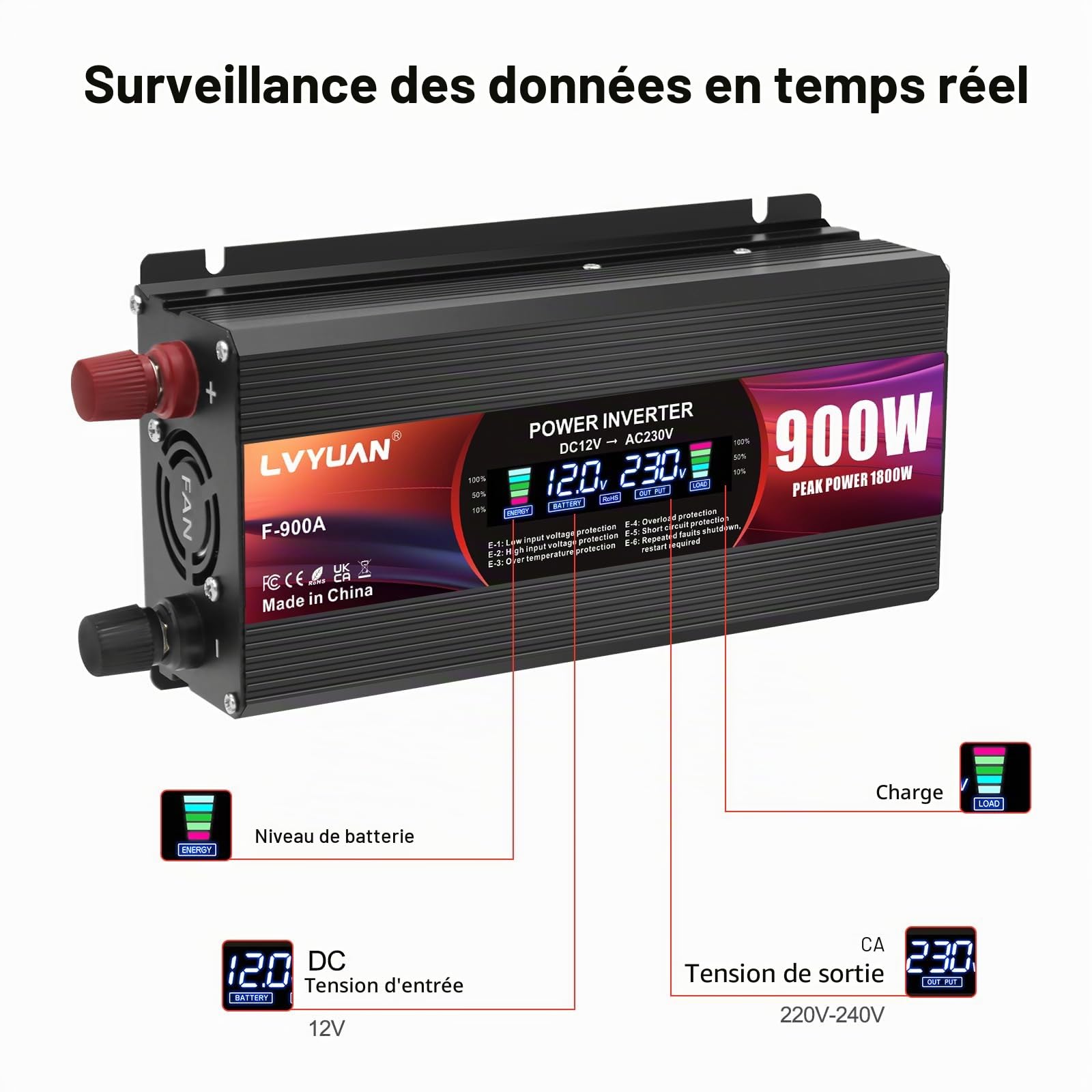 LVYUAN Convertisseur de Tension 12V 220V 900W Onduleur avec Prises UE, 2 USB, Clip Alligator, Allume-Cigare et écran LCD Inverter Peak 1800W