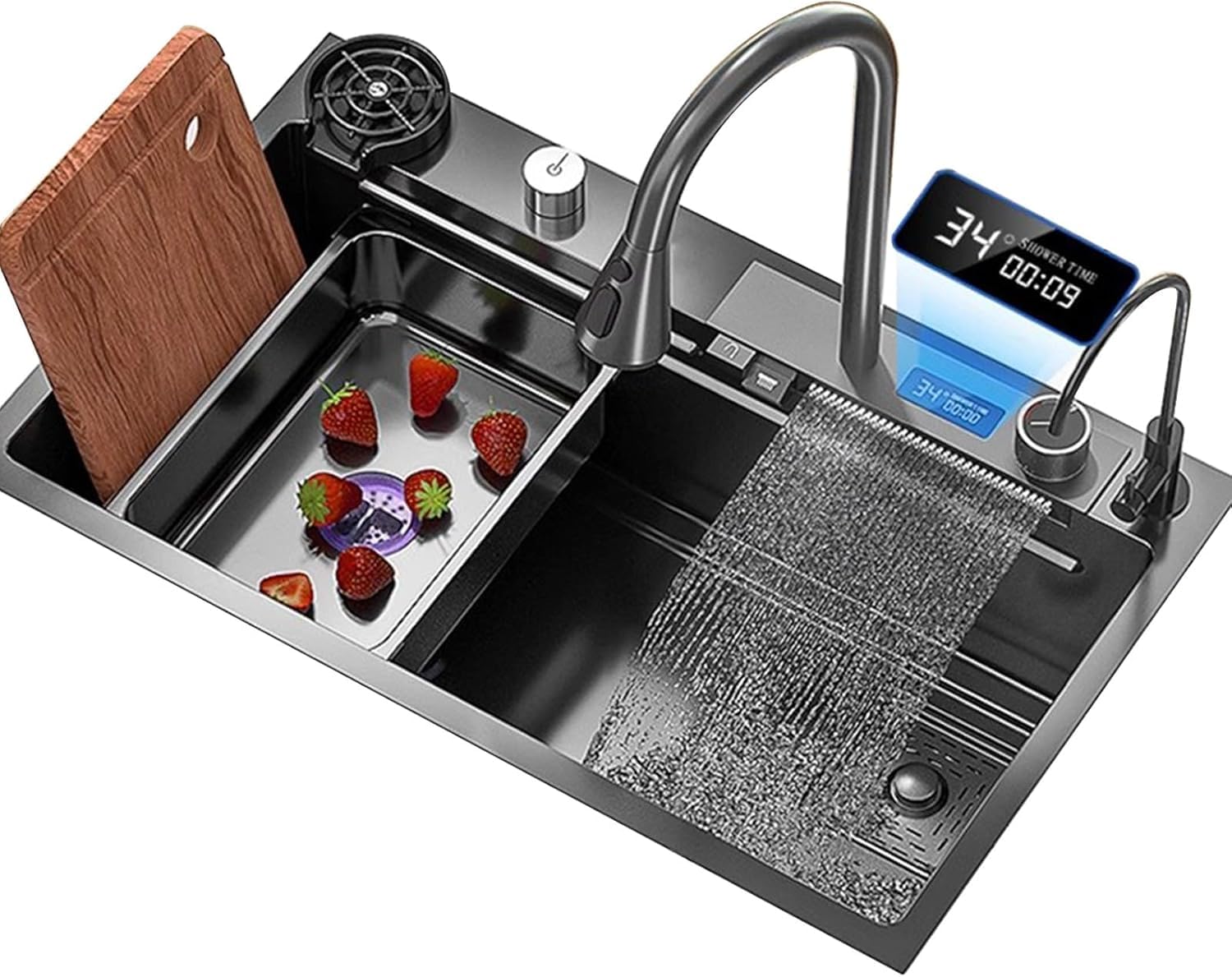Évier de cuisine cuve unique noir design contemporain en acier inoxydable satiné