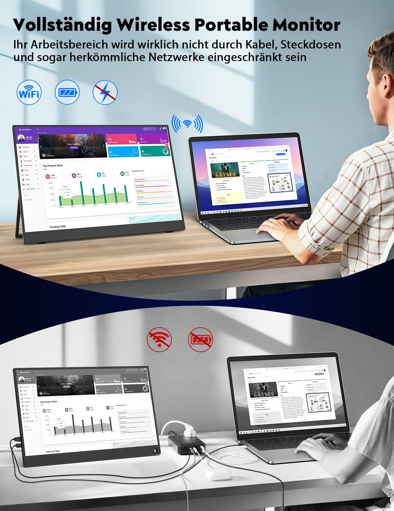 MAGICRAVEN 16" 2.5K Kabelloser Portable Monitor mit 8000-mAh Akku, 1600P Tragbarer Monitor, Laptop Bildschirm Erweiterung, Mobiler Monitor IPS Screen, Unterstützt AirPlay/Miracast,für Laptop/Telefone