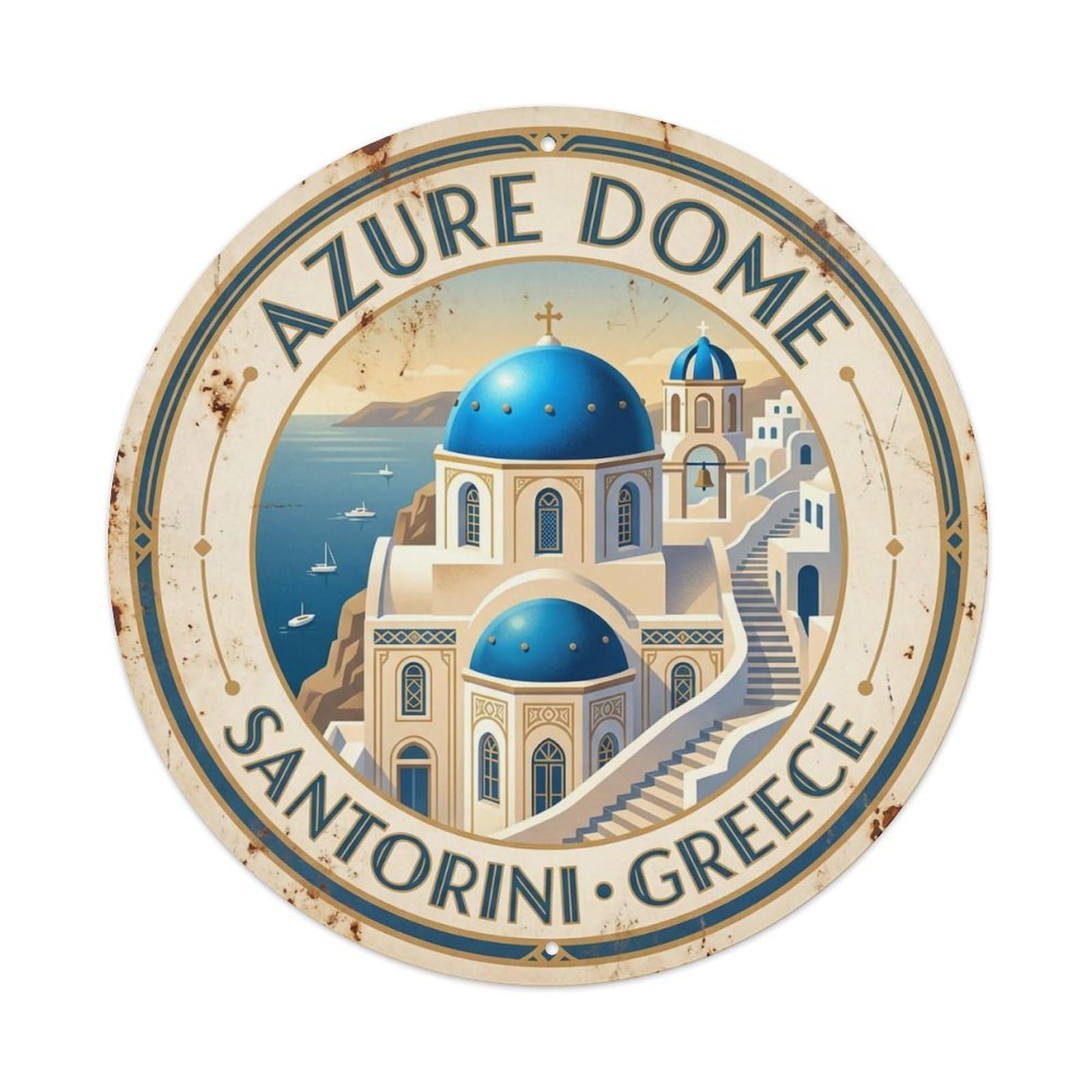 Vintage Travel Dome Santorini Azure 3 Metal Tin Sign
