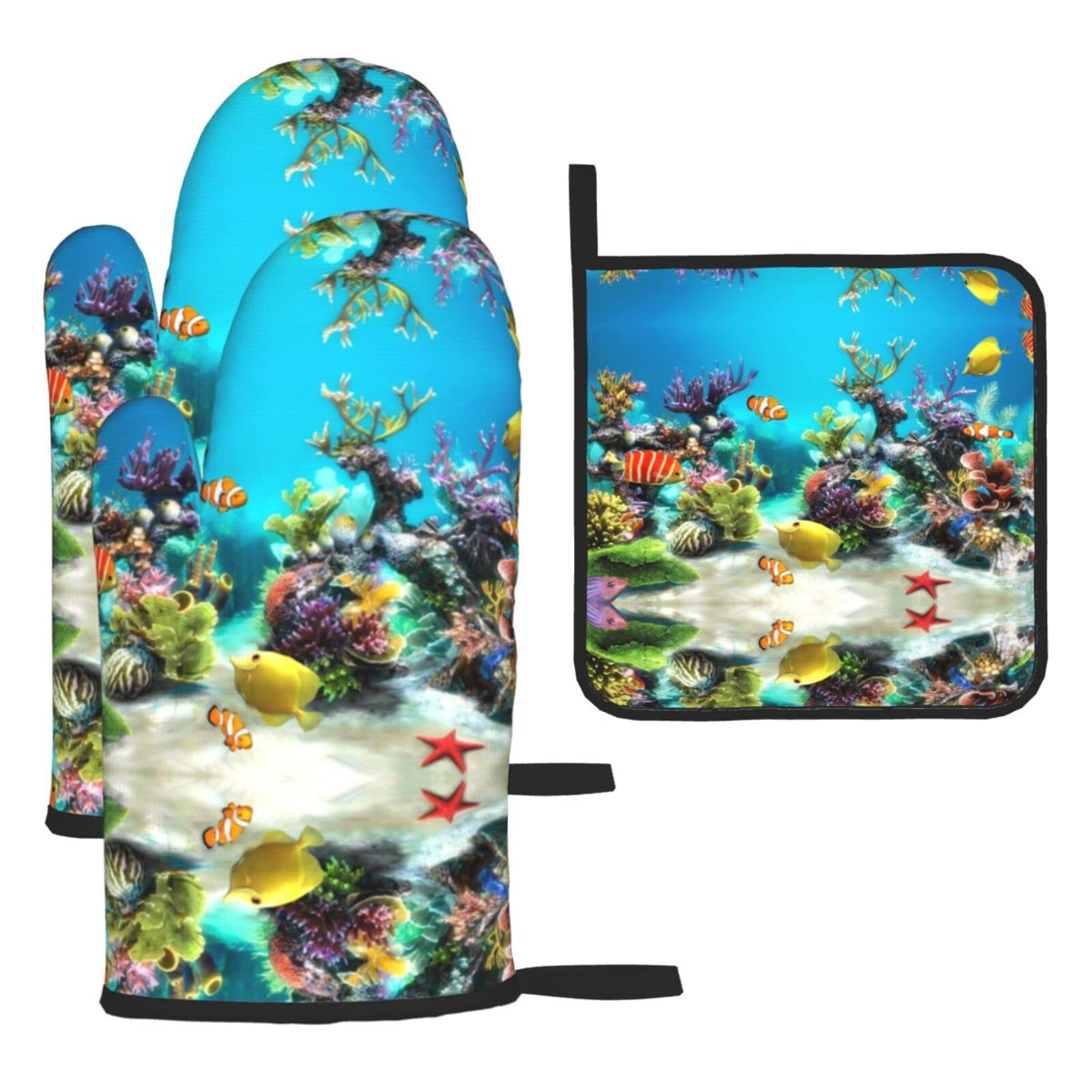 Tropical Fish Oven Mitts and Pot Holder Kitchen Set for Grilling, Cooking, Baking, Heat Resistant