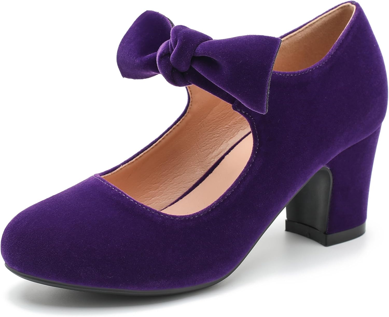 Women's Bow Mary Jane Low Block Chunky Heels Pumps Round Toe Low Heels Ankle Strap Wedding Dress Evening Party Shoes