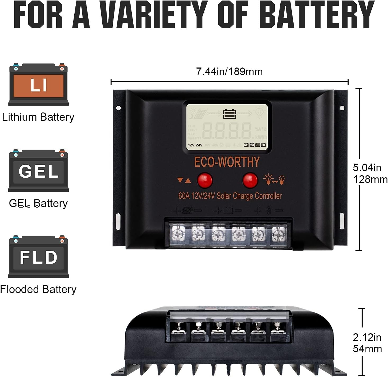 Diagram showing compatibility with Lithium, GEL, and Flooded batteries