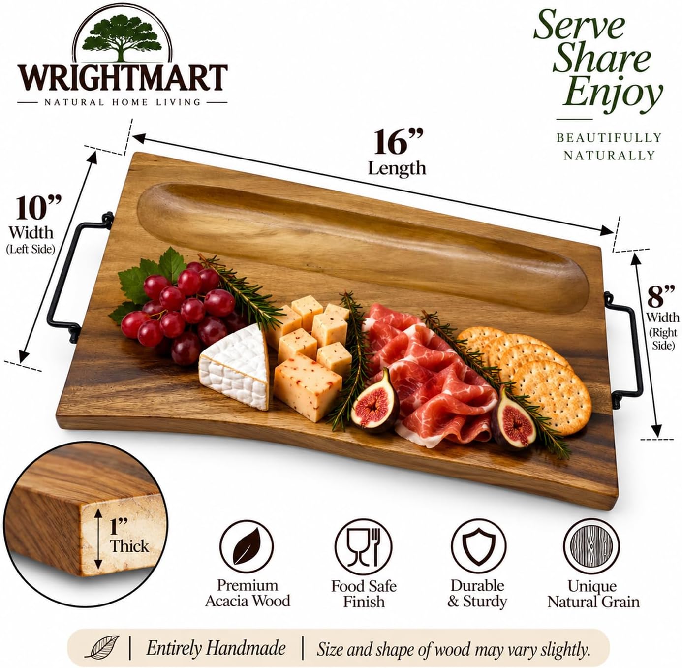 Acacia Wood Charcuterie Serving Board, Live Edge, Cheese & Olive Dish 16 In
