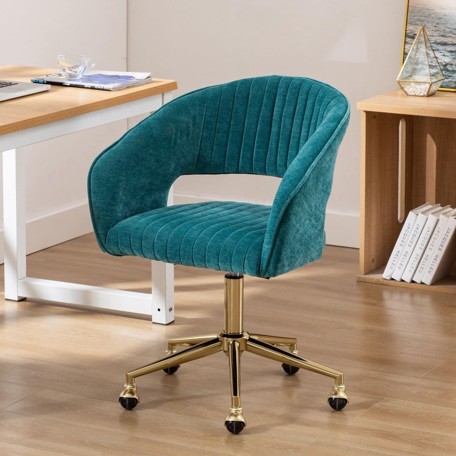 Modern Chenille Fabric Home Office Desk Chair, Upholstered Hollow Back Task Chair Height Adjustable Armchair 360° Swivel Vanity Chair with Gold Base for Teens Adults Study Room Makeup Room, Blue