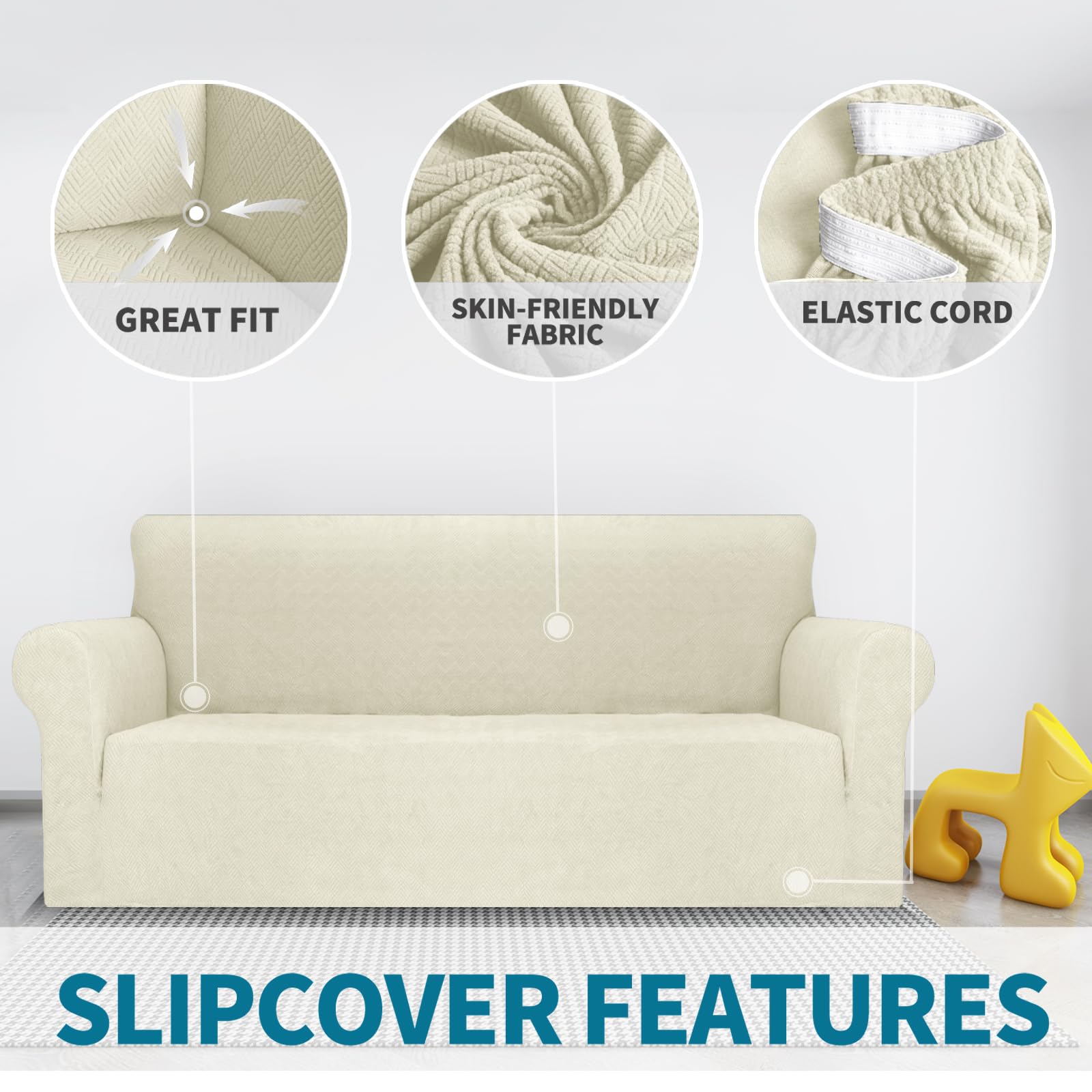 YSTELLAA Extensible Housse De Canapé 3 Places Universelle avec Accoudoirs, Sofa Cover Lavable Antidérapante Beige
