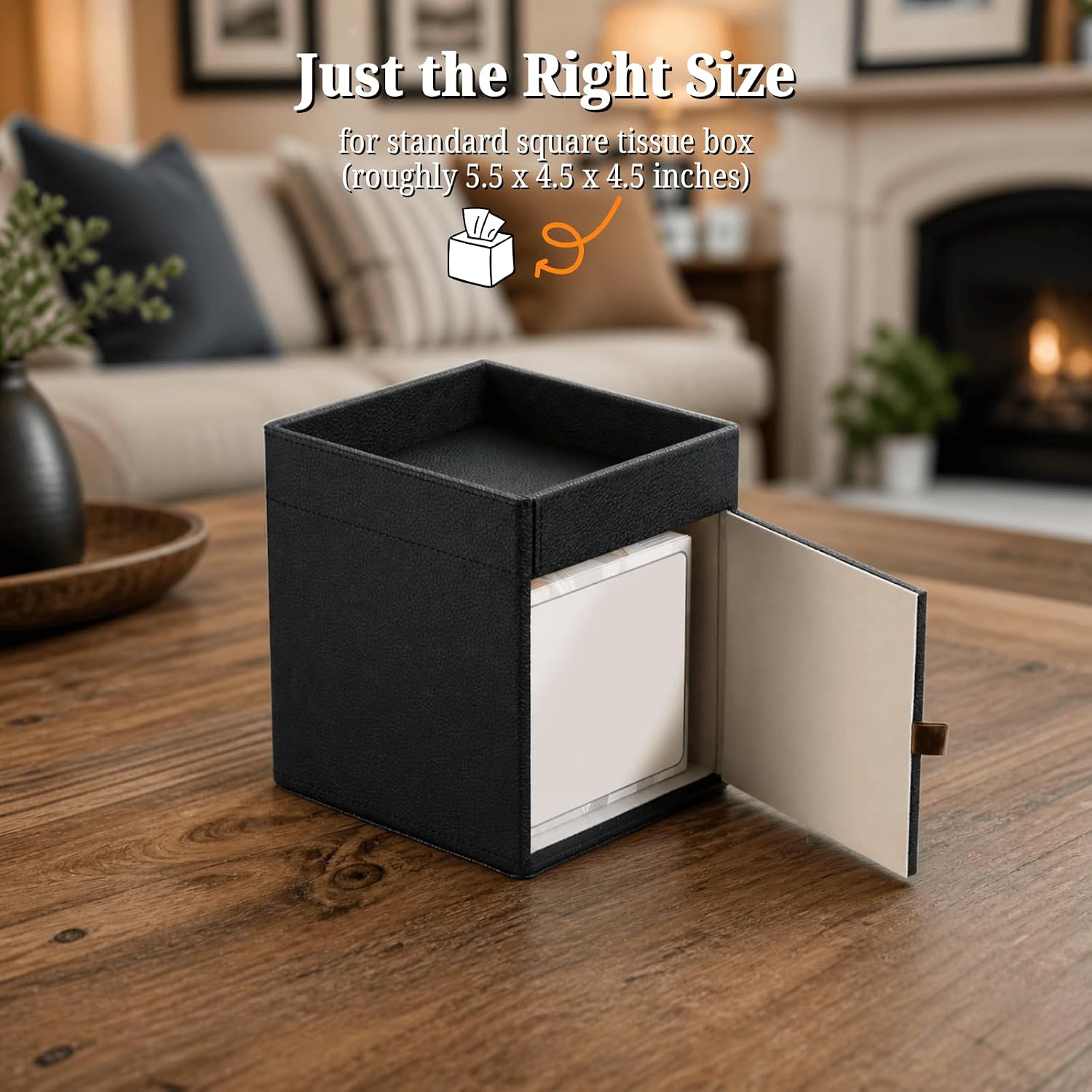 LAMOTI Leather Tissue Box Cover with Storage Tray, Square Facial Tissue Box Holder for Bathroom, Office Table, Countertop, Night Stand & More (Black)