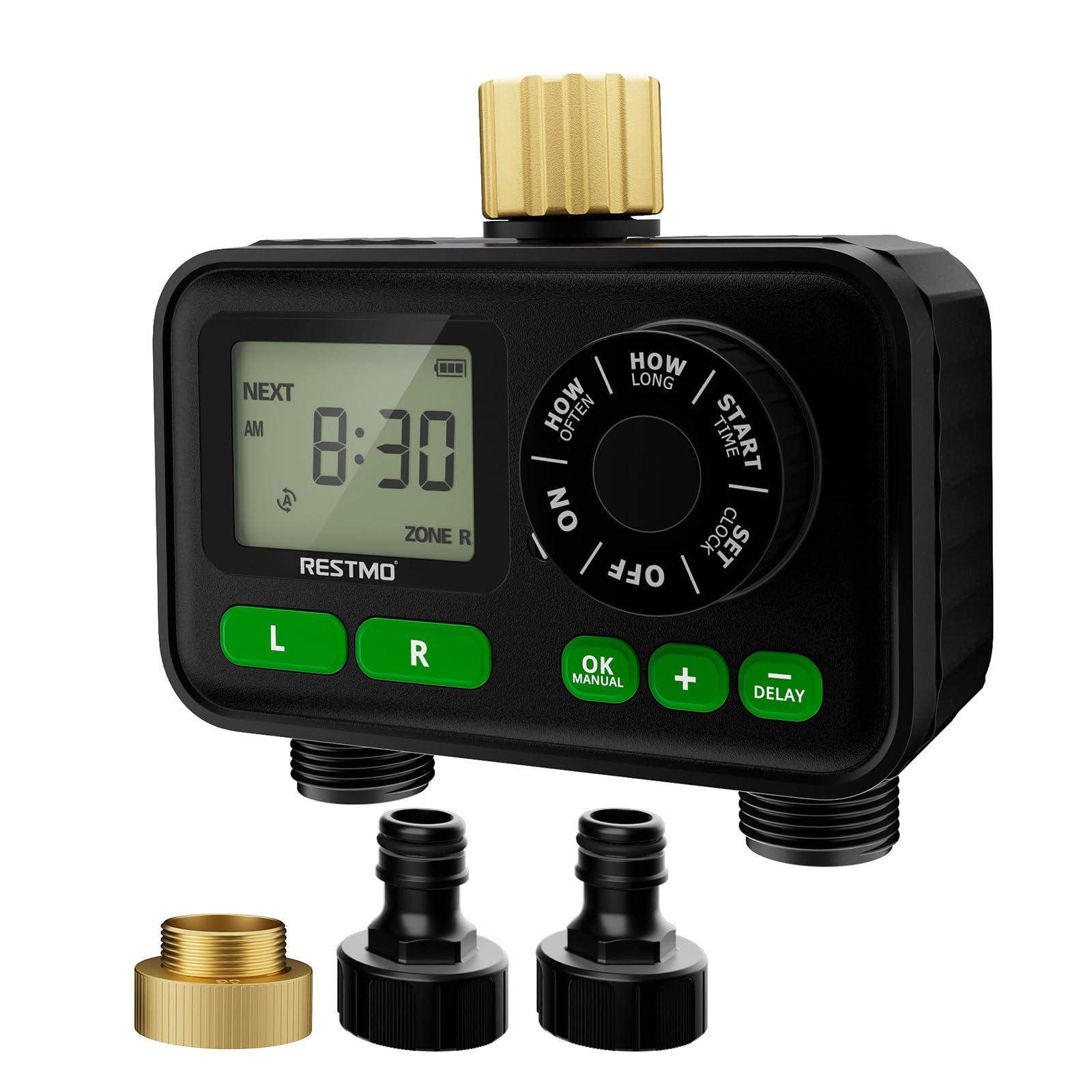 RESTMO Timer per Irrigazione a 2 Zona con Chip RF | Integrato per Accesso Remoto Opzionale, Automatico/Manuale/Ritardo Pioggia, Per Tubo da Giardino, Rubinetto Esterno
