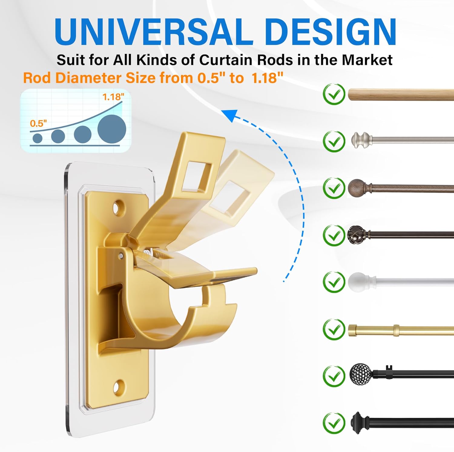 Antimbee 12PCS Self Adhesive Curtain Rod Bracket, No Drilling Curtain Rod Holders, 20lbs Load Capacity Golden Hangers for Dorm, Bathroom, Bedroom, Livingroom Decor