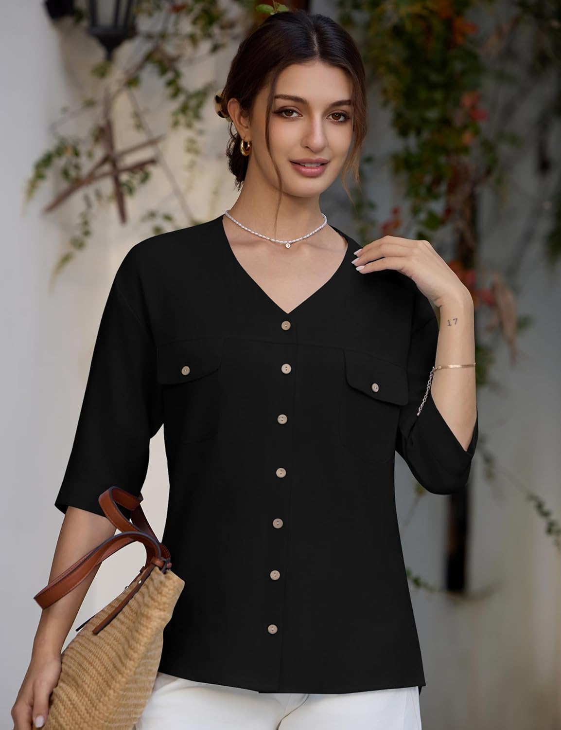 LOMON Women's Button Down Shirts Summer 3/4 Sleeve V Neck Blouses Lightweight Casual Office Work Tops with Pockets - Image 2