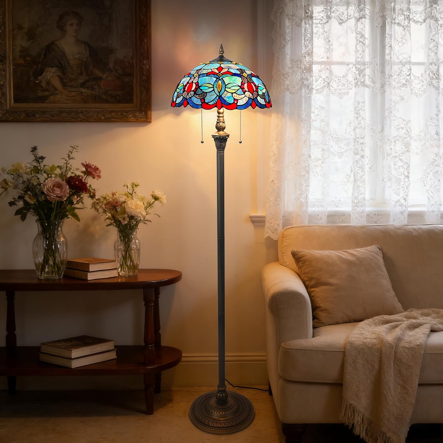 ARTZONE Tiffany Floor Lamp [2-Lights][16''W*64''H] Stained Glass Floor Lamp Standing Reading Light with Pull Chain Control for Living Room/Bedroom/Home Office/Study