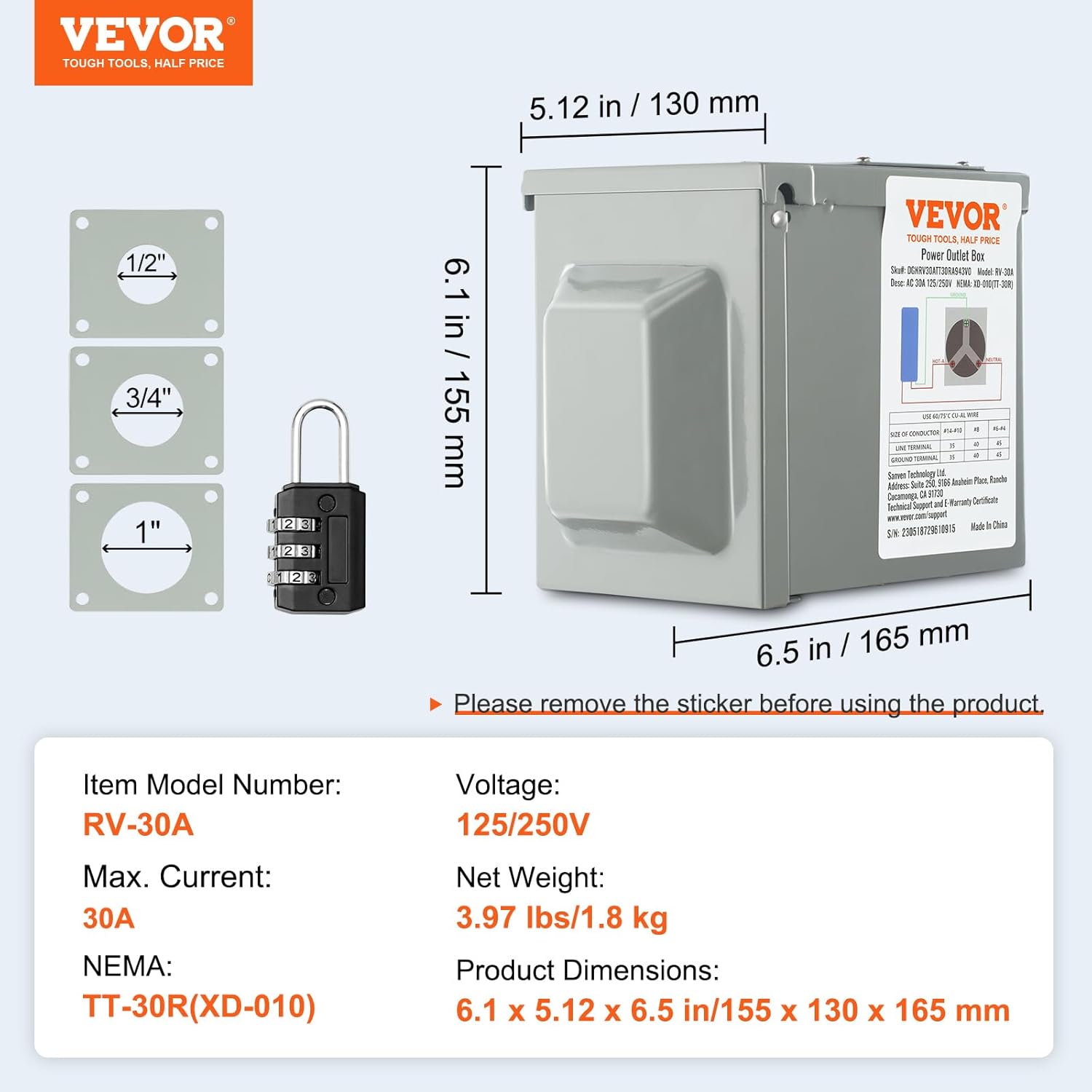 VEVOR 30 Amp RV Power Outlet Box, 125/250 Volt, Enclosed Lockable Outdoor RV Receptacle Box, NEMA TT-30R Weatherproof Electrical Panel, for RV Camper Trailer Motorhome Electric Car