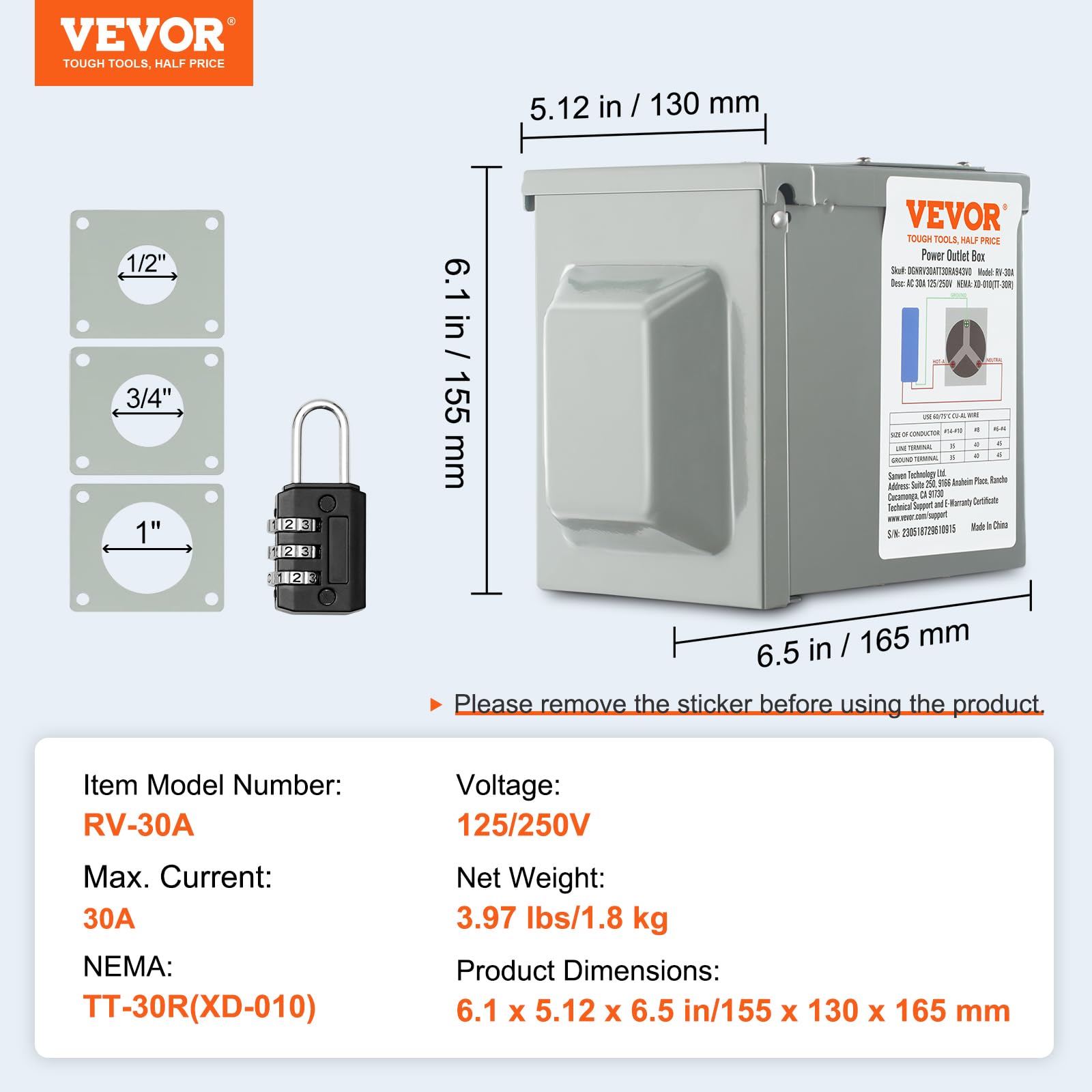 VEVOR Boîte de prise de courant 30 A pour camping-car, 125/250 V, fermée verrouillable, panneau électrique NEMA TT-30R résistant aux intempéries, pour remorque, voiture électrique, prise certifiée UL