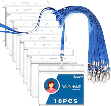 Segarty Lanyards with ID Holder, 10 Pack Horizontal Clear Plastic Badge Name Tags Key Card Holder, Blue Strap Clips Waterproof Ziplock Nametag Protector for Women, Business, Office