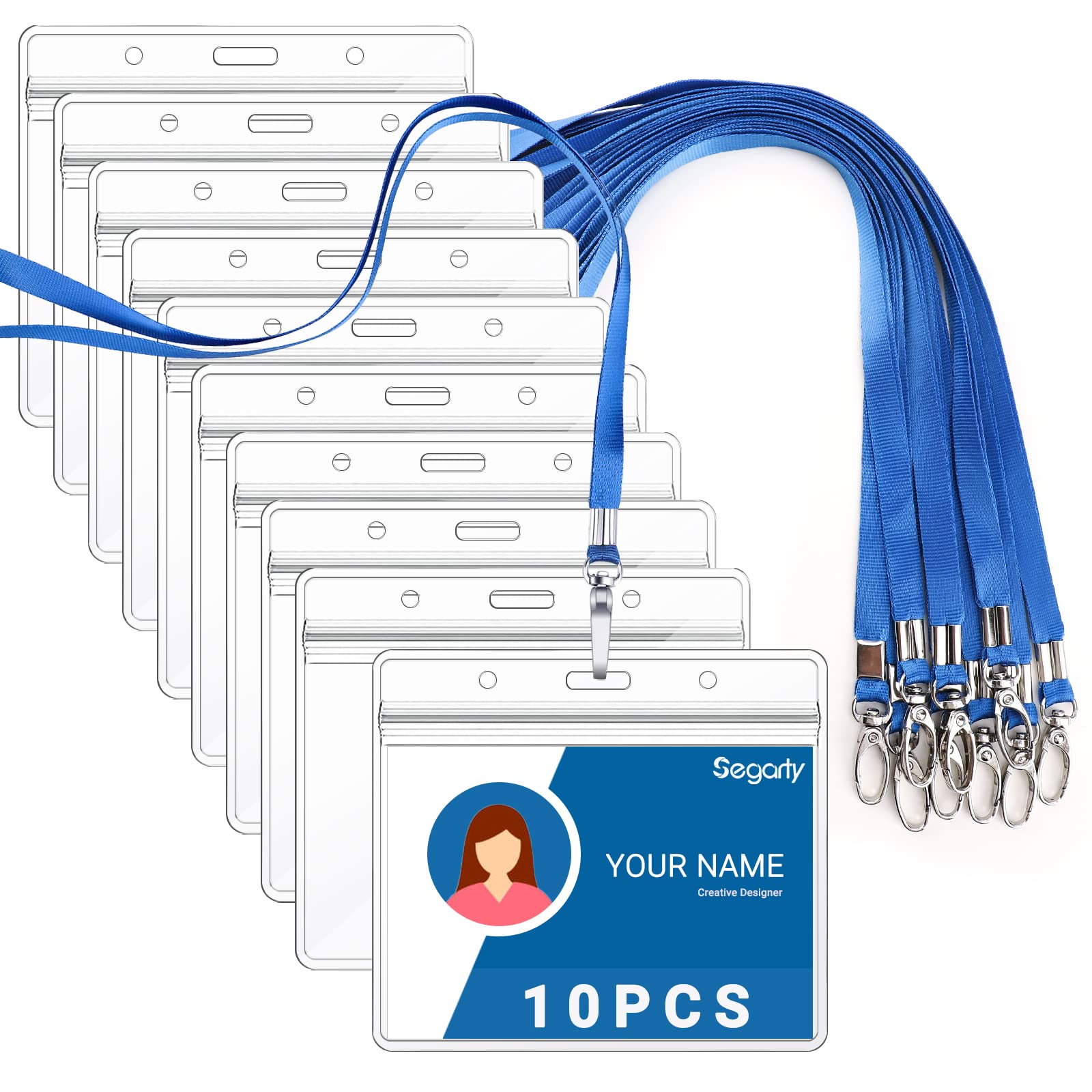 Segarty Lanyards with ID Holder, 10 Pack Horizontal Clear Plastic Badge Name Tags Key Card Holder, Blue Strap Clips Waterproof Ziplock Nametag