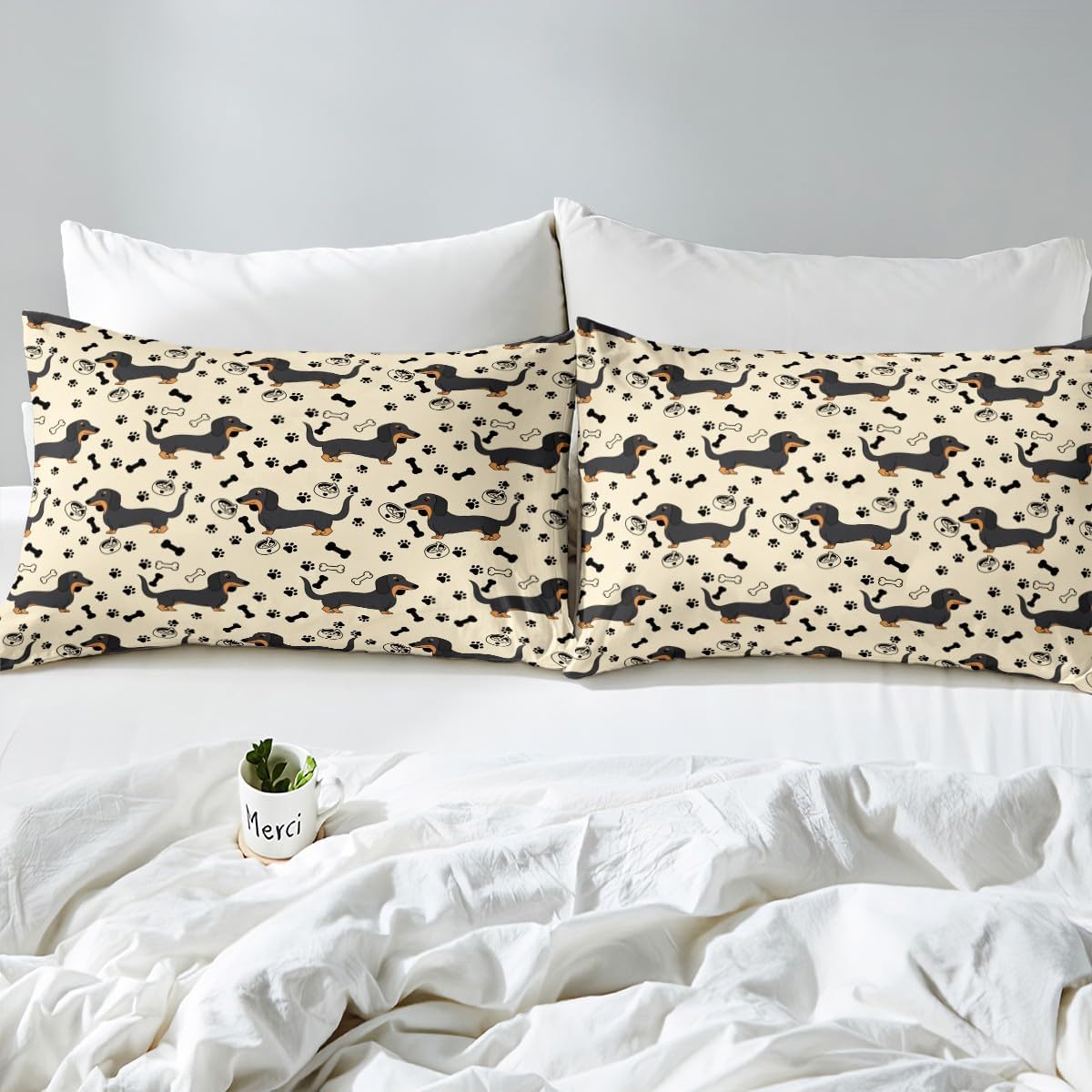Homewish Cute Dachshund Dog Bed Sheet Set for Boys Girls,Cartoon Kawaii Animal Beige Bed Sheet Set Full Size Bedding Set,Bones Puppy Paw Print Family Pet Fitted Sheet and 1 Flat, 2 Pillow Sham