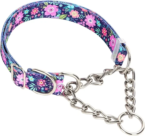 Martingale Collar for Dogs with Nylon & Steel Chain Limited Cinch Design, Bohemia Floral No Choke Dog Collar, Adjustable No Pull Dog Training Collar, Great for Training, Walking, Hunting (L)