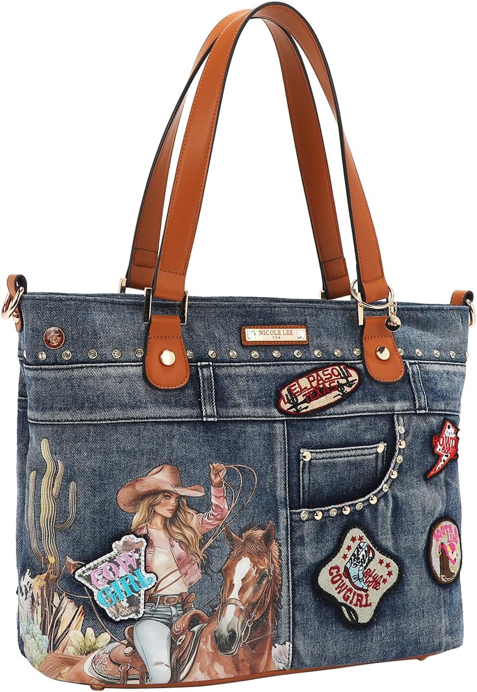 Nicole Lee Sofia Montana Denim Shopper Bag,Cotton denim exterior with faux vegan leather accents Main zip top, 2 Slip pockets at back detachable shoulder strap Fall (Sofia Montana)