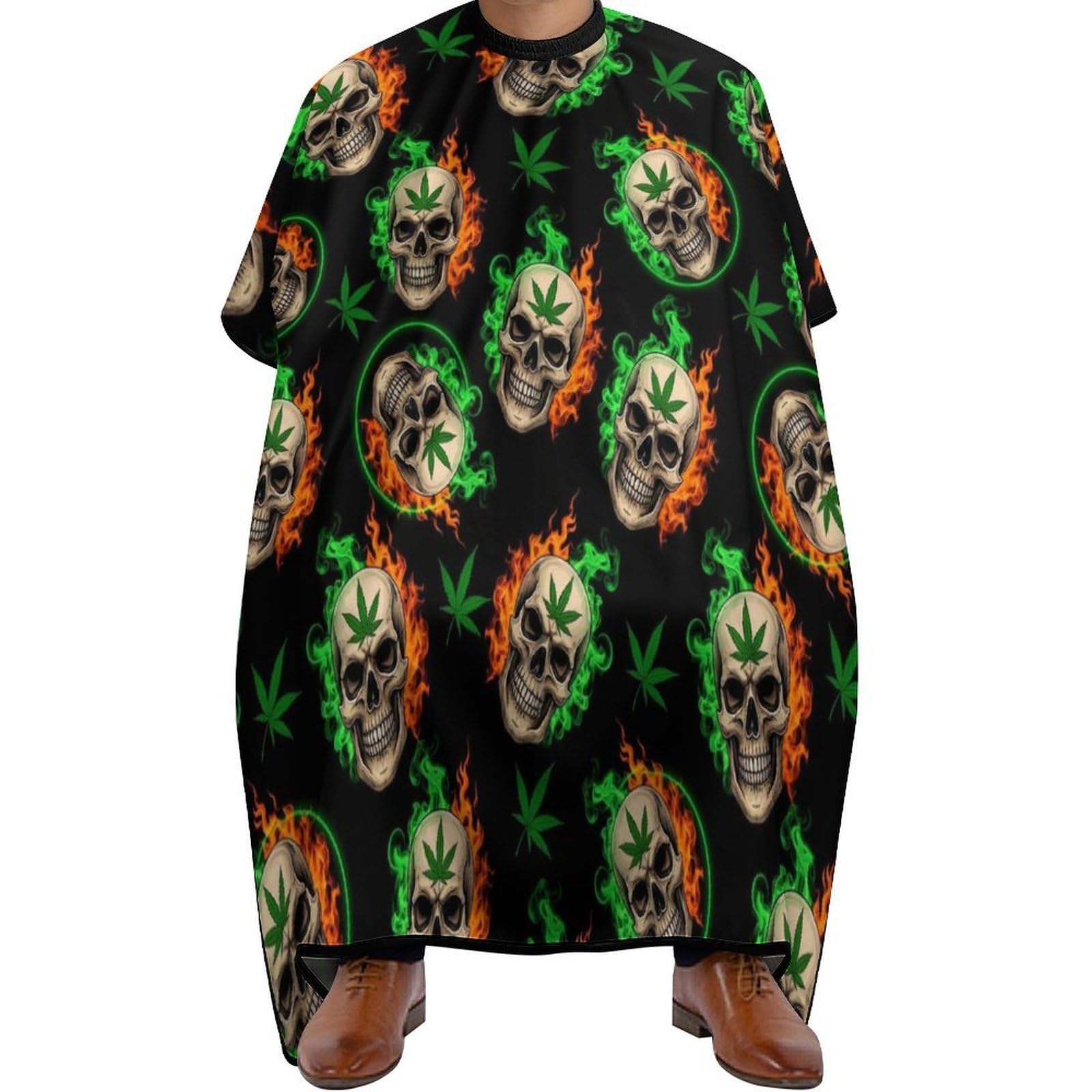 Capa para peluquería impermeable negra con estampado de calaveras y hojas de hierba 140x168cm 2
