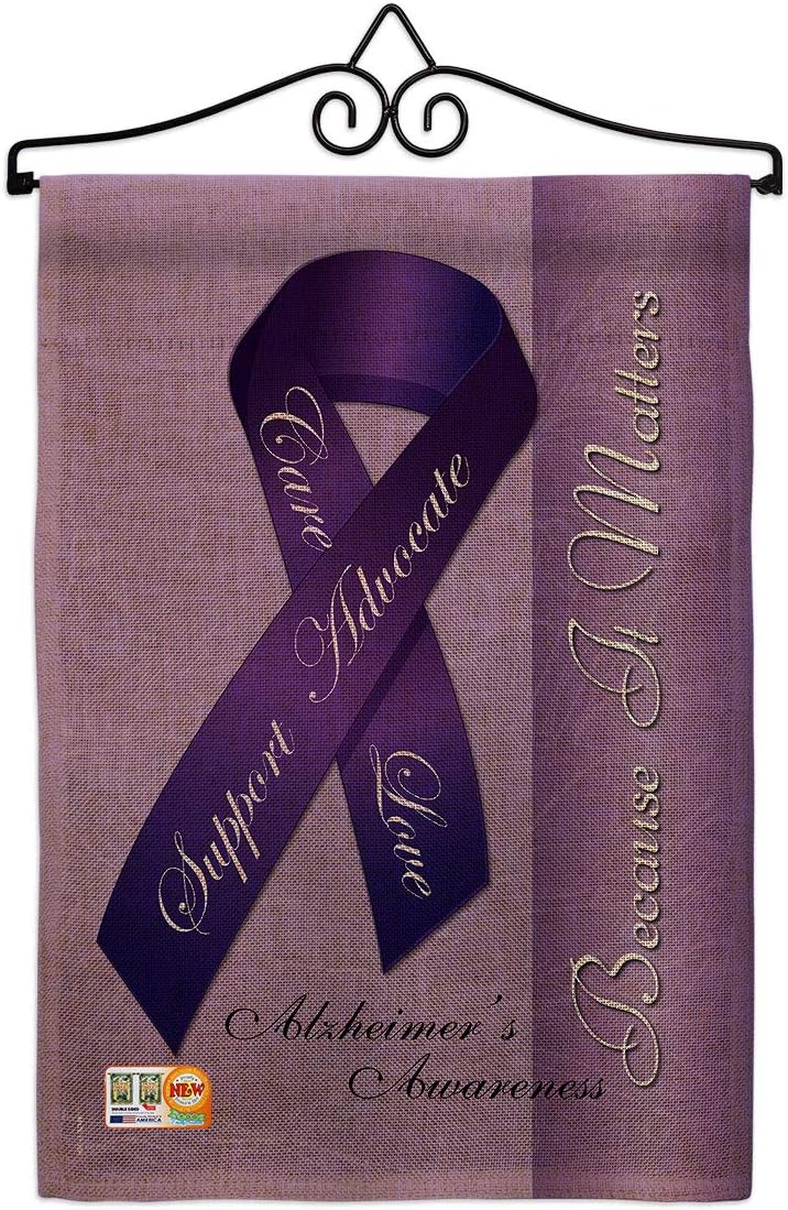 Alzheimers Garden Flag Set Wall Holder Support Awareness Inspirational Survivor Ribbon Prevention Cancer Autism Breast BLM Small Decorative Gift Yard House Banner Double-Sided Made In USA 13 X 18.5
