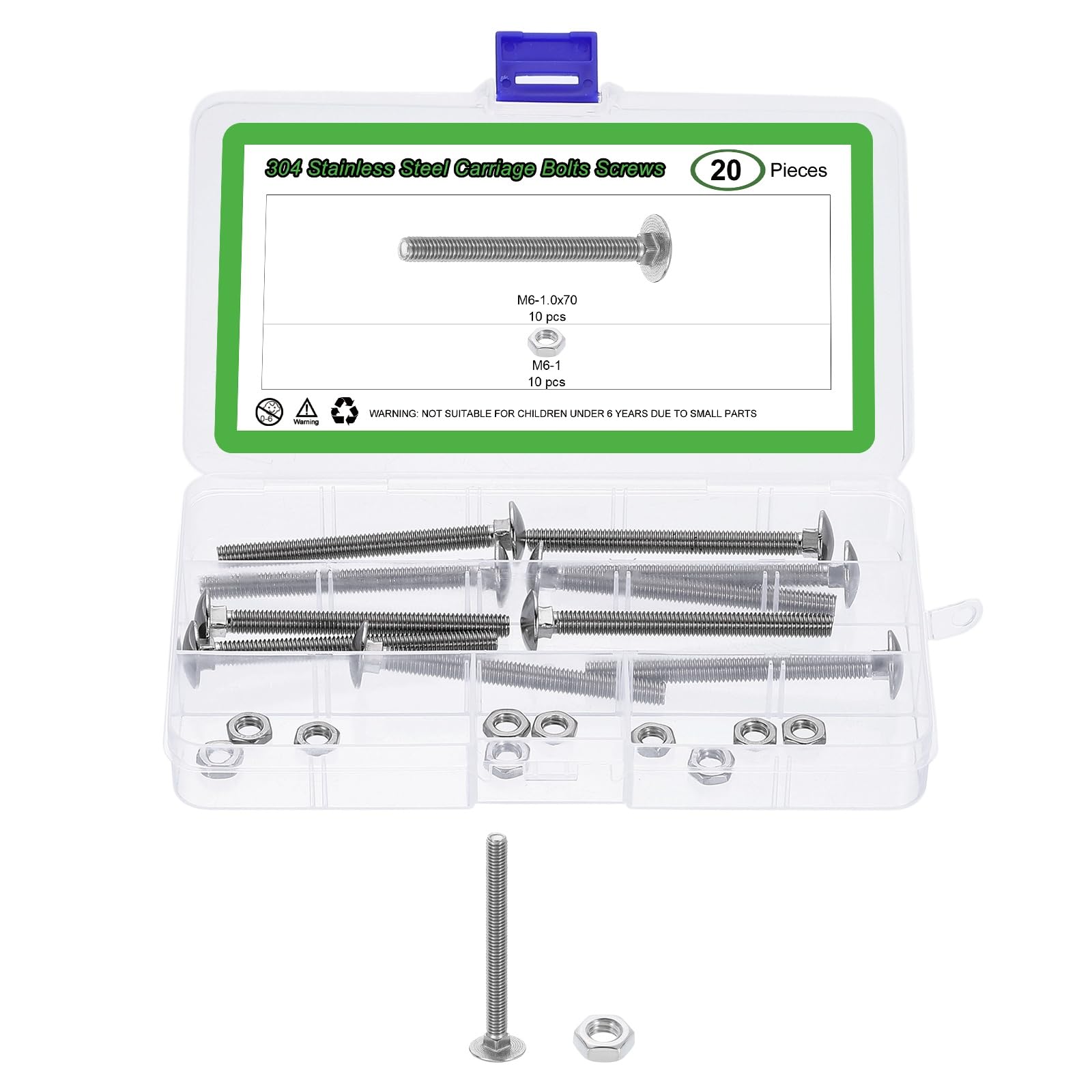 uxcell 10 Set Carriage Bolts and Nuts Kit, M6-1.0x70 Stainless Steel 304 Round Head Square Neck Carriage Bolts Screw and Hex Nuts - Silver