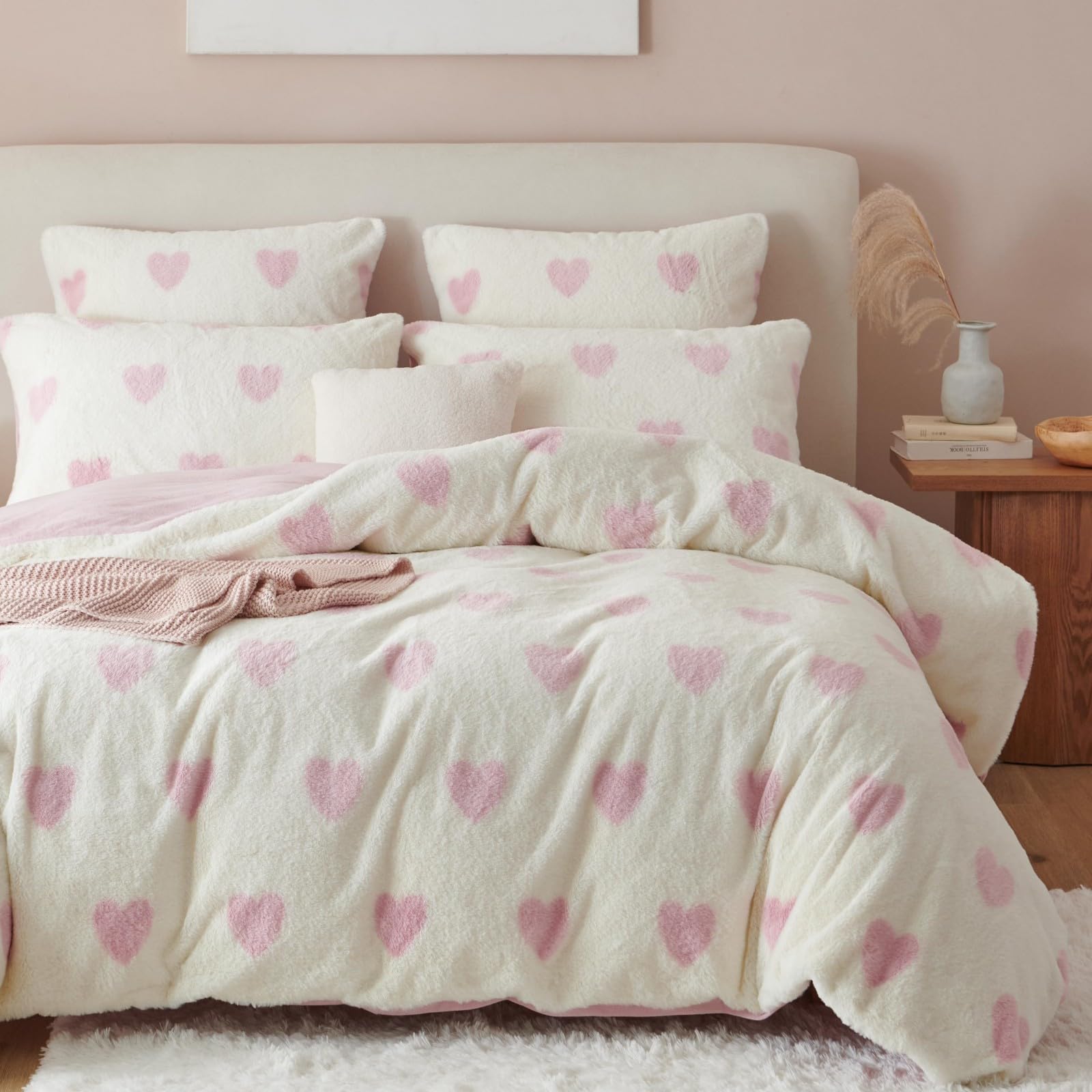 Freyamy - Funda de edredón de 220 x 240 + 2 fundas de almohada de 65 x 65 cm, color blanco rosa, diseño de corazón Shaggy Furry Faux Fur Juego de cama de 2 personas, franela fuzzy, invierno, ropa de