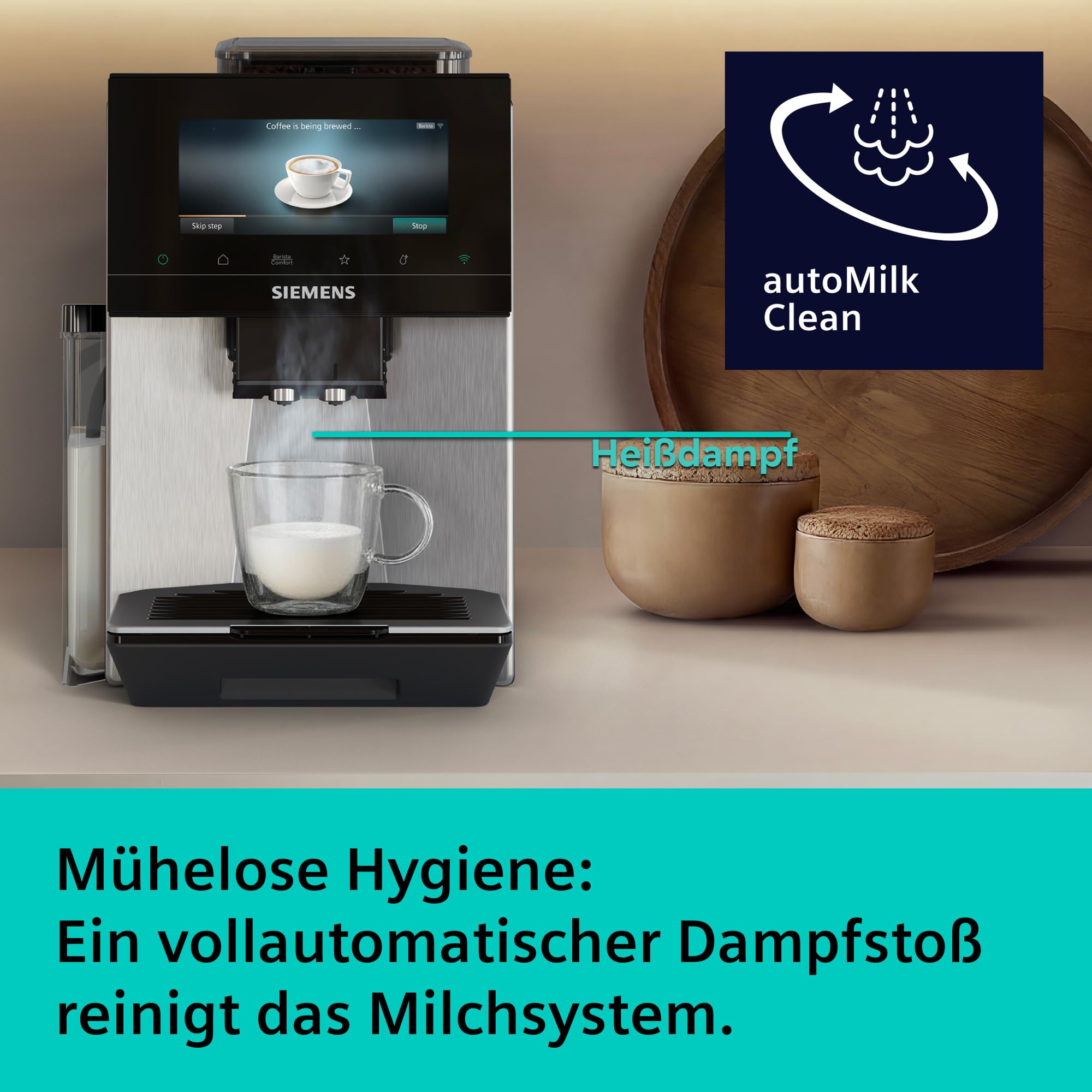 Siemens Kaffeevollautomat EQ900 iAroma, personalisierbare Einstellungen, präzises Mahlwerk, großes, intuitives Full-Touch-Display, Silber, TQ923E03