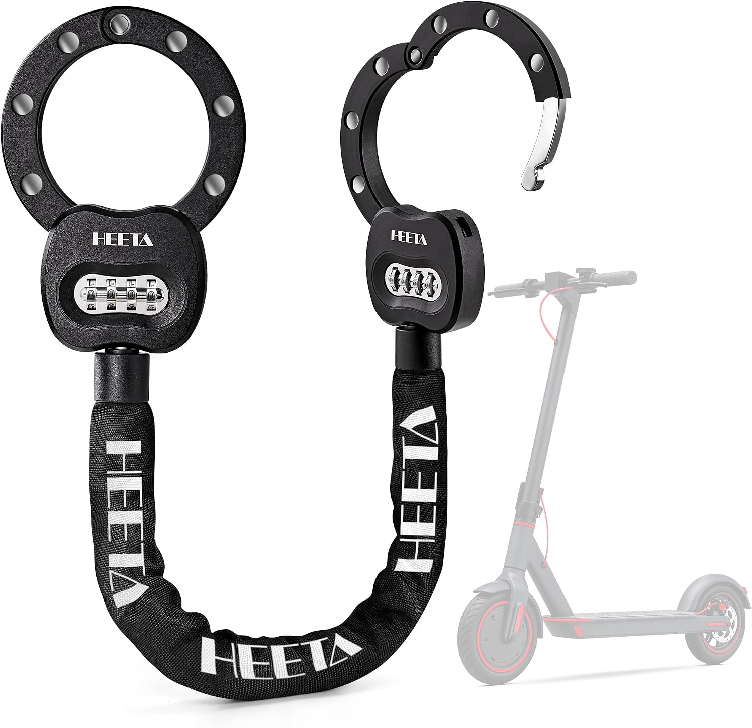 heeta electric scooter lock anti theft, 4 digit combination bike chain lock, heavy duty security bicycle lock cable accessories for e scooter, e bike, motorcycle, door, gate & fence