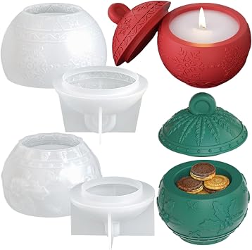 2 PCS Christmas Box Silicone Molds with Lids Snowflake Candle Holder Mold Ball Berry Silicone Moulds Round Ball Storage Container Mold for Candy Box Candle jar Container Christmas Home Decor