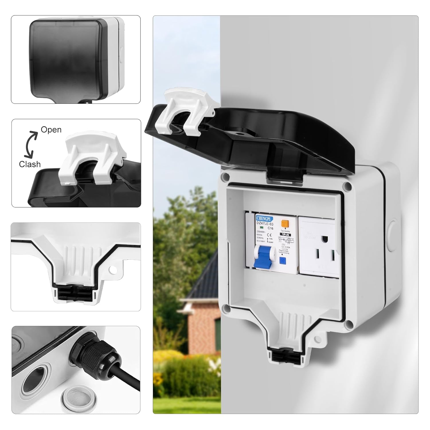 Outdoor Power Outlet Box with 16A Leakage Protection - IP66 Waterproof Outside Plug Socket with Outdoor Outlet Cover - Exterior Wall Electrical Outlet for Garden Swimming Pool