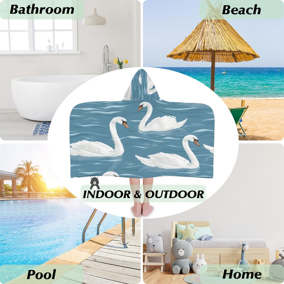 Kids Hooded Bath Towel for Boys Girls, Animals Swans in River Cotton Hooded Beach Towel Wearable Wrap Poncho for Toddler Swimming Pool