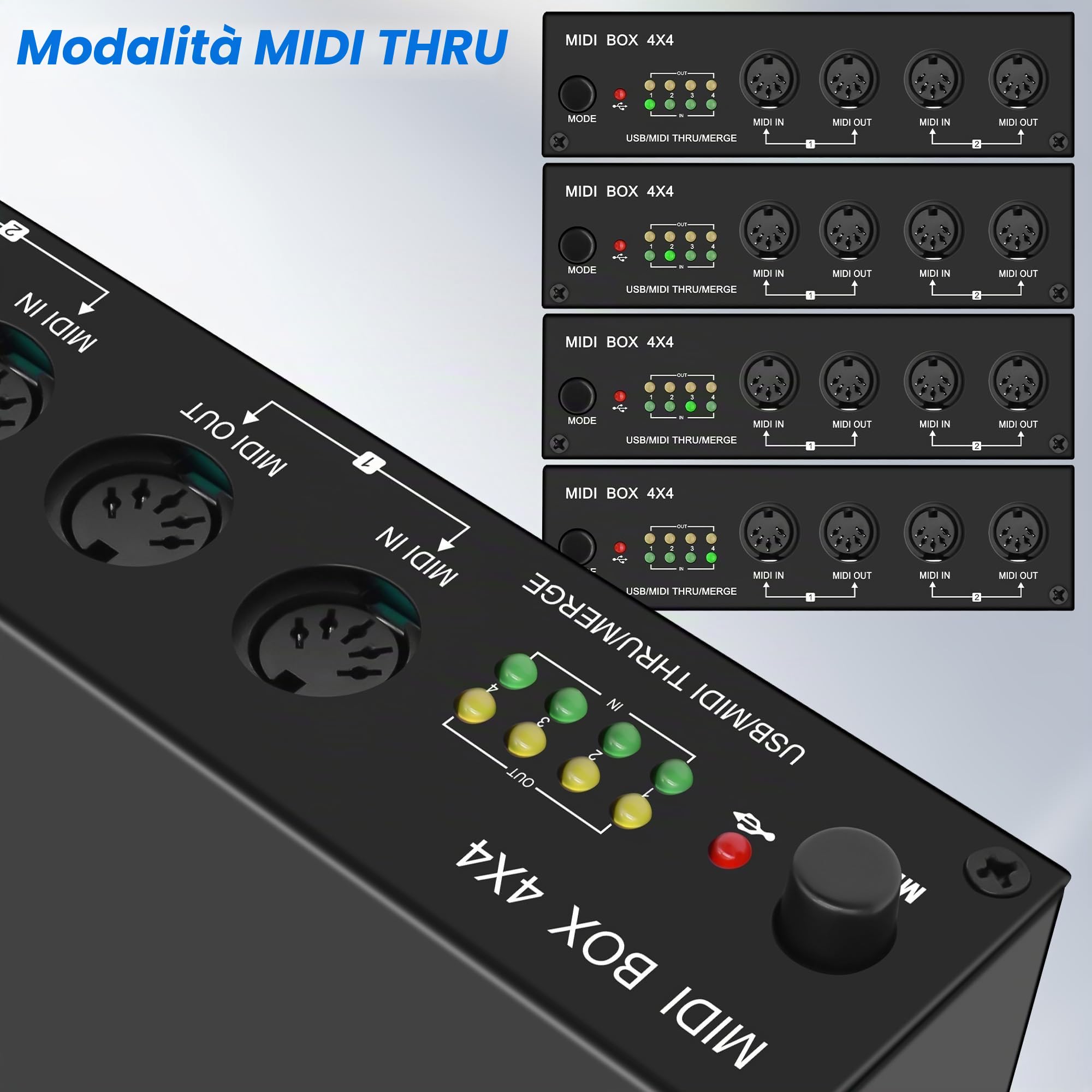 XMSJSIY USB MIDI Interface Box 4 In 4 Out 64 Canali MIDI Thru Box 4 * 4 Converter con Router Unire Splitter Thru Hub con indicatori LED per PC Mac e strumenti MIDI USB