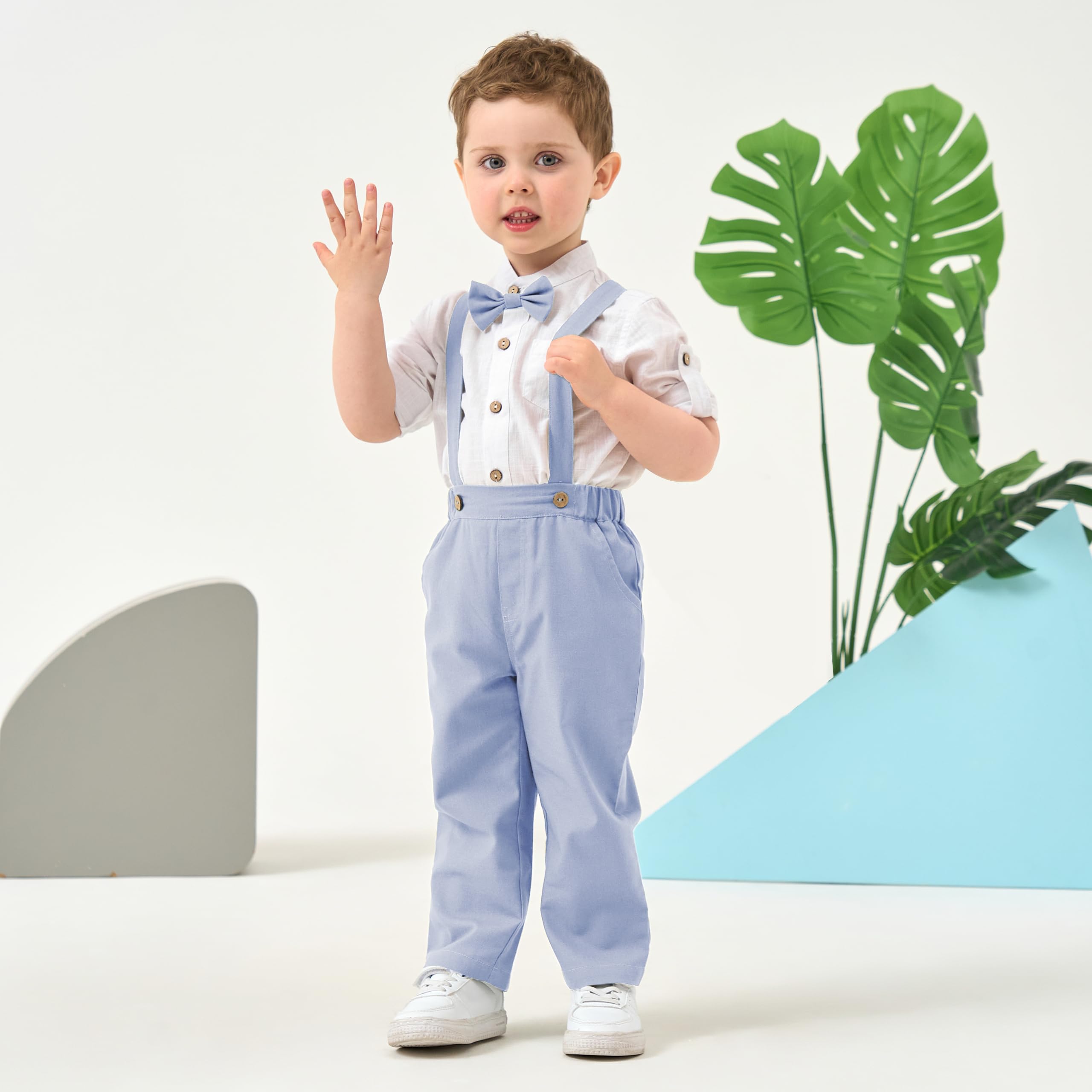 Volunboy Completo Elegante Bambino, Lino Ragazzo Henley Camicie Fiocco e Bretelle Pantaloni 4 Pezzi Cerimonia Nozze Abbigliamento