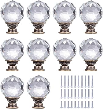 LONGWIN 10 Pack Crystal Kitchen Cabinet Knobs Pulls Handles 30mm Vintage Round Glass Ball Knob for Dresser Drawers Bathroom Cupboard Wardrobe