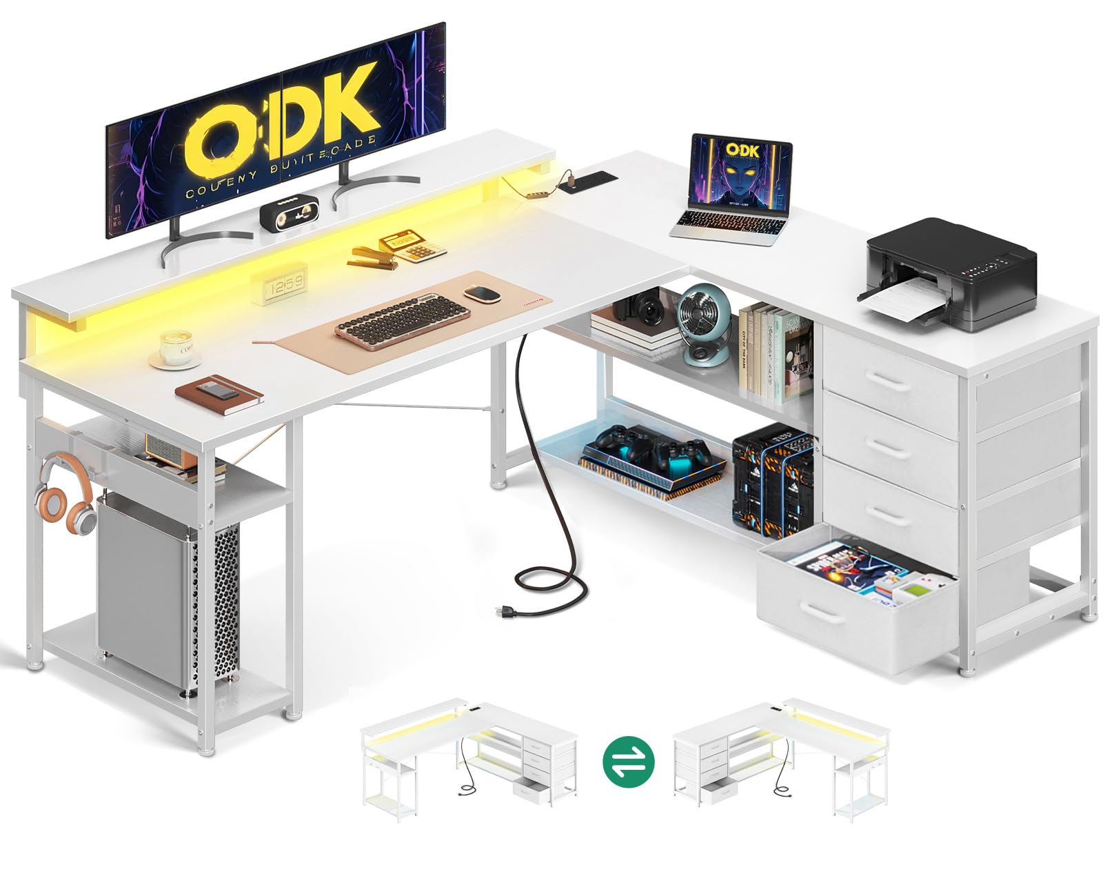 ODK Corner Desk with Drawers, L Shaped Gaming Desk with LED Lights & Power Outlets, Reversible Computer Desks for Home Office Workstation, Office Desks with Monitor Shelf, 155×110 cm, White